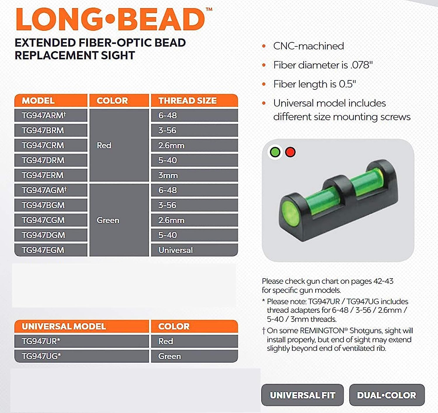 TRUGLO Bright Low-Profile All Metal Construction Long Bead Front Fiber Optic Gun Replacement Bead, RedGreen