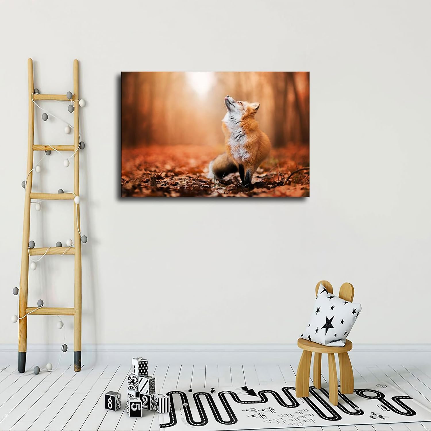 Póster de animales con hojas rojas por todo el suelo, póster estético de zorros rojos que miran hacia arriba, arte de pared, sala de estar,