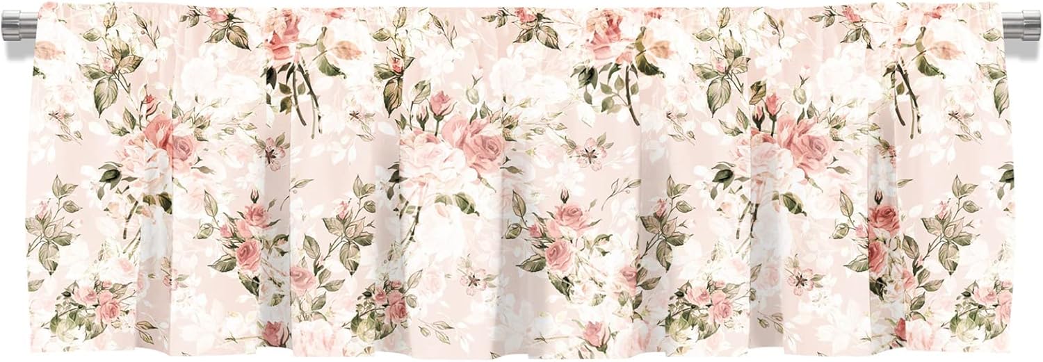 Cenefa de cortina corta opaca con botones de rosas y hojas de acuarela para decoración de cocina, dormitorio, 52 x 18 pulgadas, rosa cálido, 1 panel
