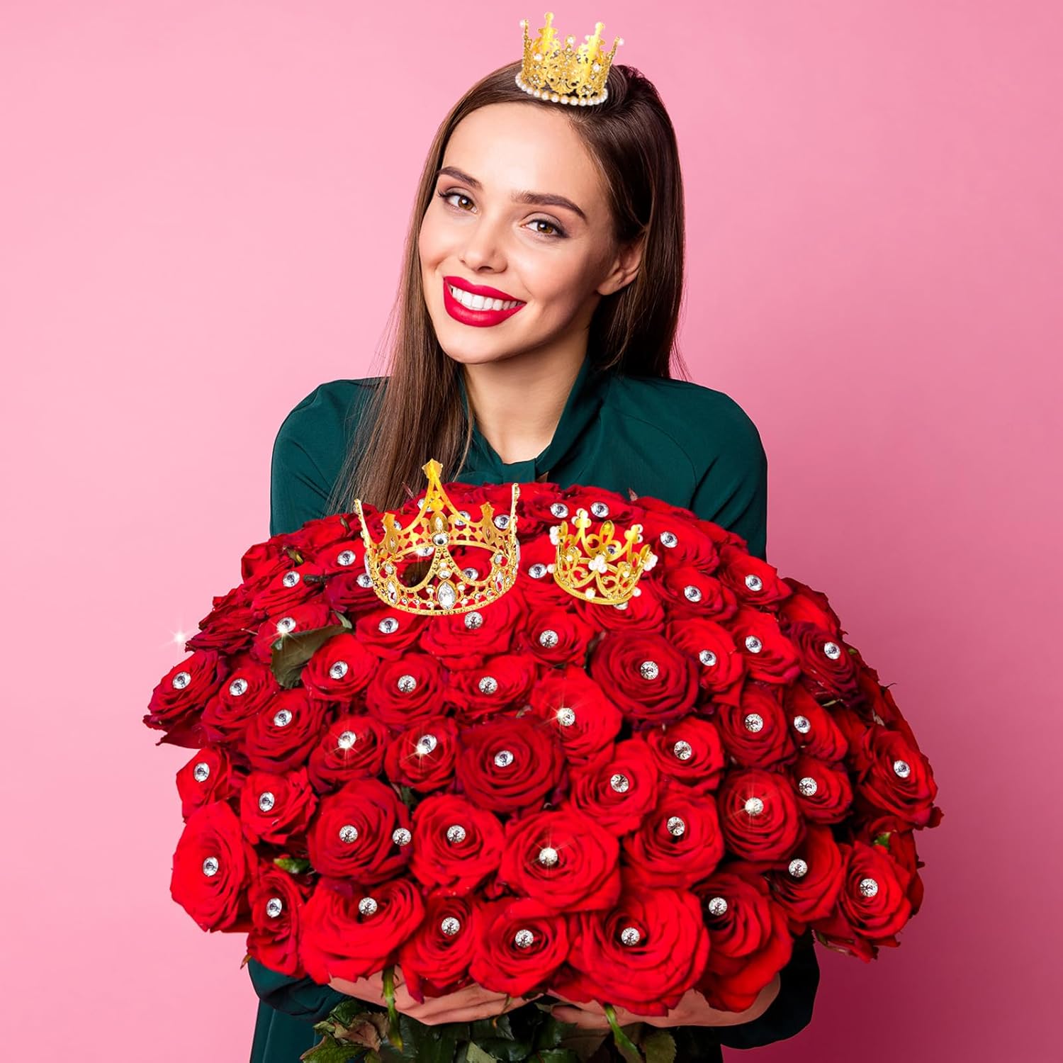 208 piezas de accesorios para ramo de flores incluyen 200 ramos de diamantes de imitación ramilletes y 8 mini tiara dorada corona de pastel para