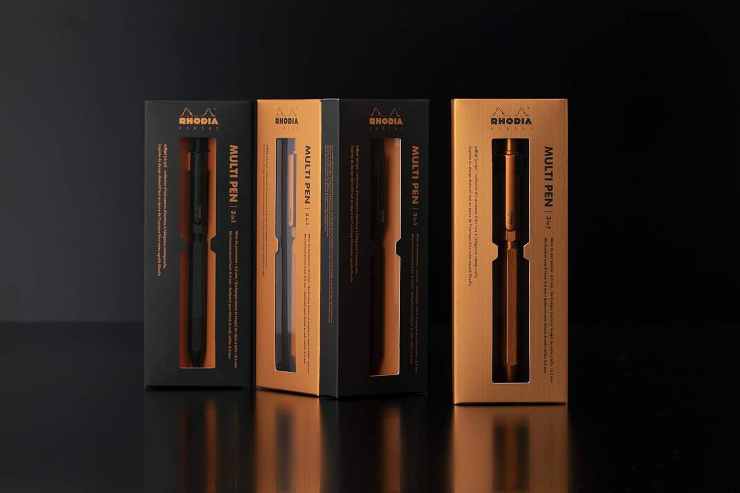 RHODIA 9340C – 3 en 1 scRipt Multipen 2 bolígrafos 0.020 in Negro y Rojo + 1 Portaminas Grafito 0.020 in – Cuerpo hexagonal en aluminio cepillado