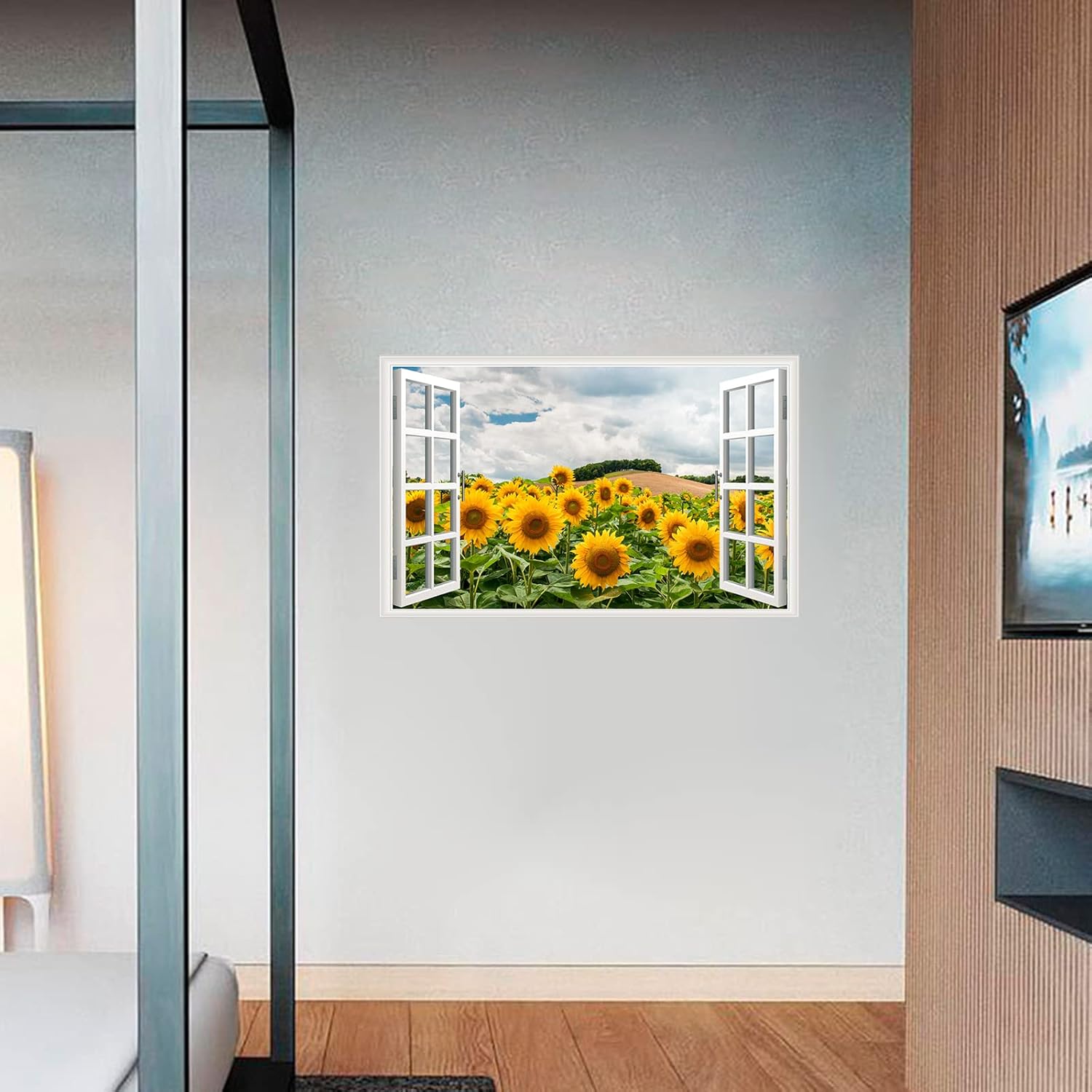 Adhesivo de pared de girasol, removible 3D, para ventanas falsas, vinilo autoadhesivo con girasol, para ventana, decoración de dormitorio, sala de