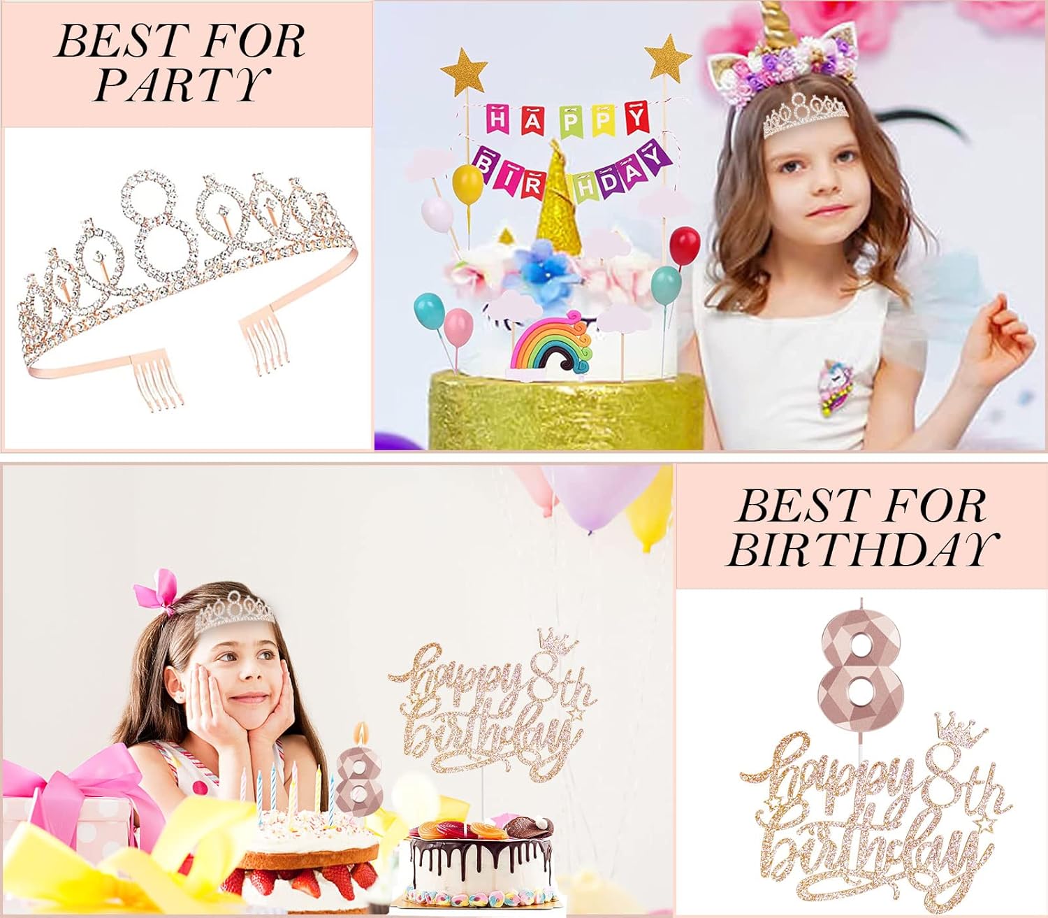 Decoraciones de cumpleaños número 8 para niñas, incluye adorno para pastel de cumpleaños de 8 años, banda de reina de cumpleaños con alfiler de