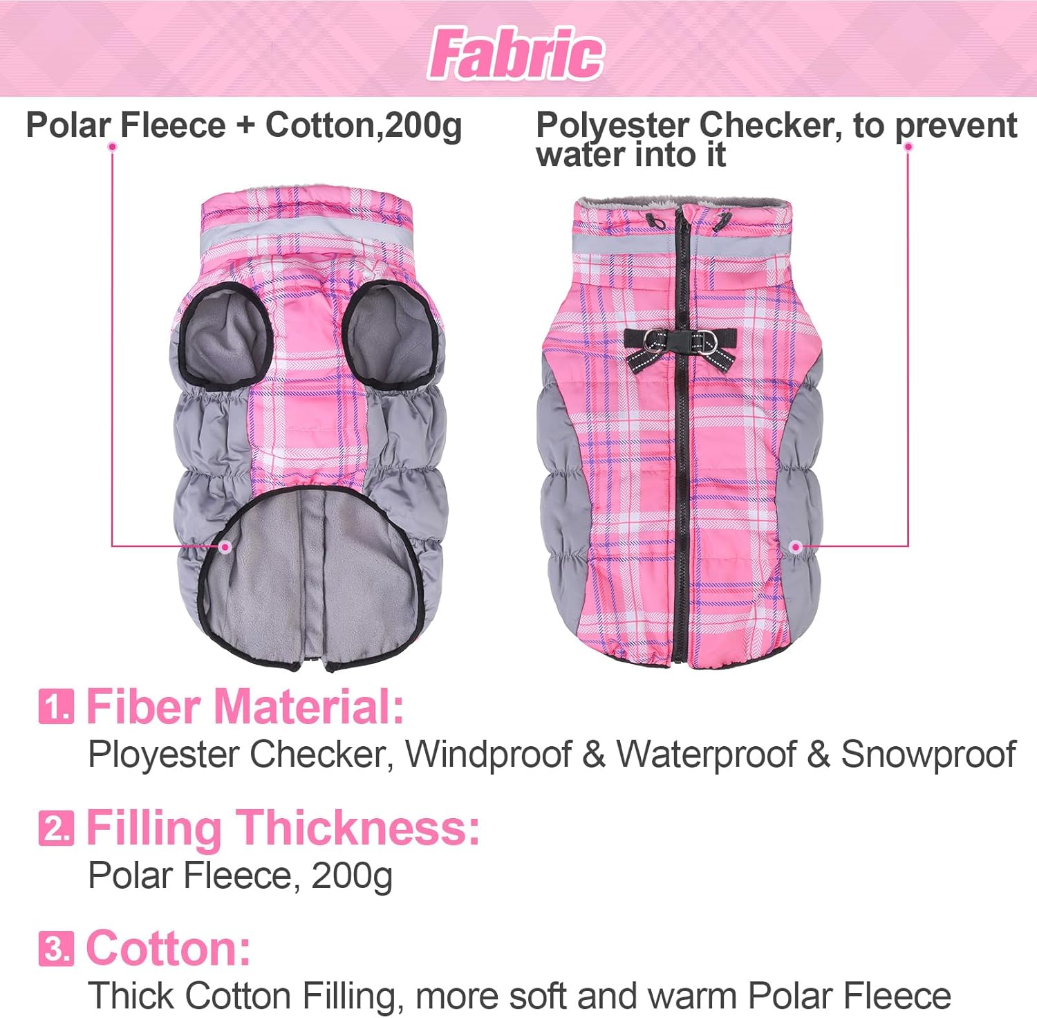 BEAUTYZOO Abrigo de invierno a cuadros para perro, chaqueta reflectante mejorada para perro, forro polar acolchado con arnés integrado, ropa