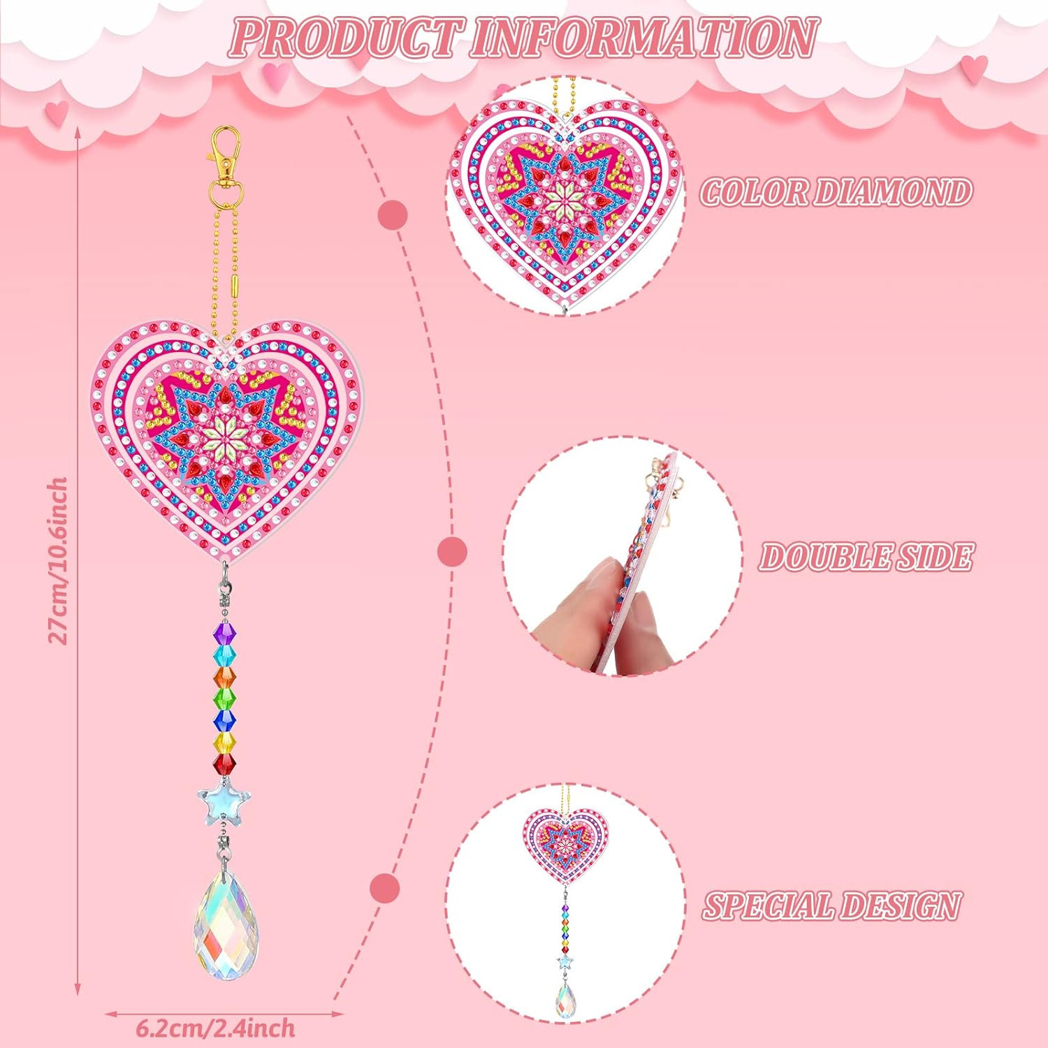 Perthlin 6 piezas de arte de diamantes para el día de San Valentín, arte de diamantes de doble cara, atrapasoles, campanillas de viento, adornos de