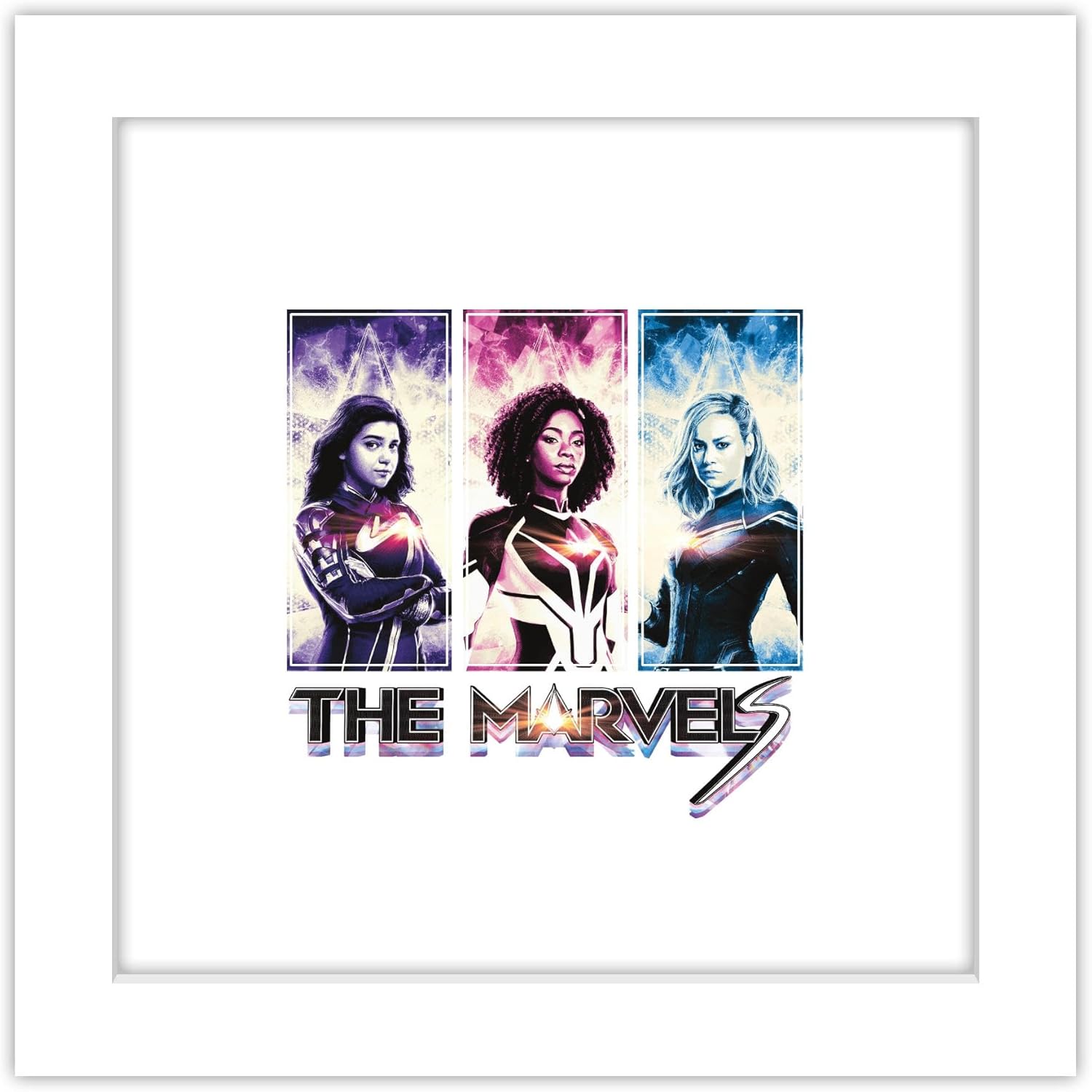 Trends International Gallery Pops Marvel The Marvels – Póster gráfico de pared de The Marvels, 12.00 x 12.00 pulgadas, versión de marco blanco