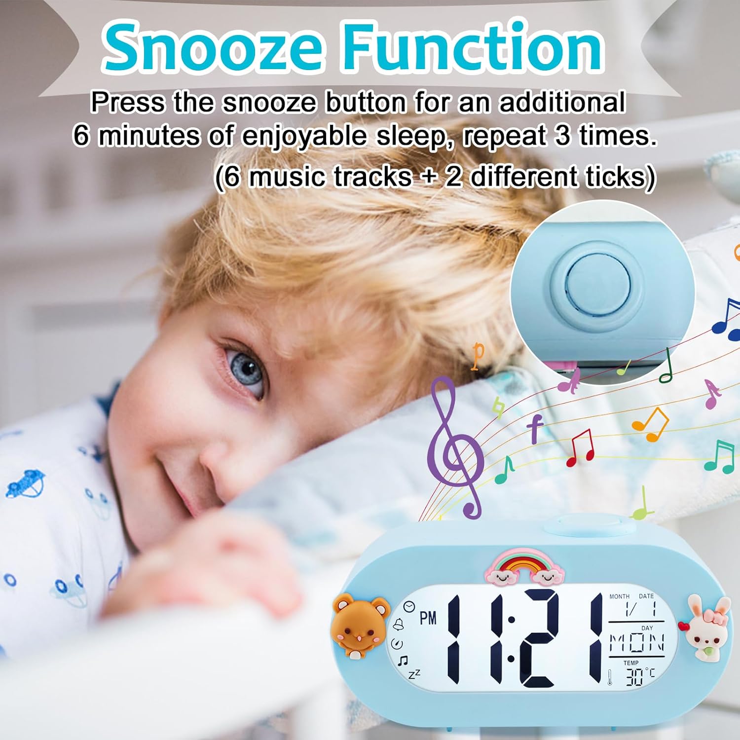 Potuopy Reloj despertador para niños, despertador digital con repetición, lámpara sónica, temporizador, 8 tonos de llamada, 1224 horas, reloj