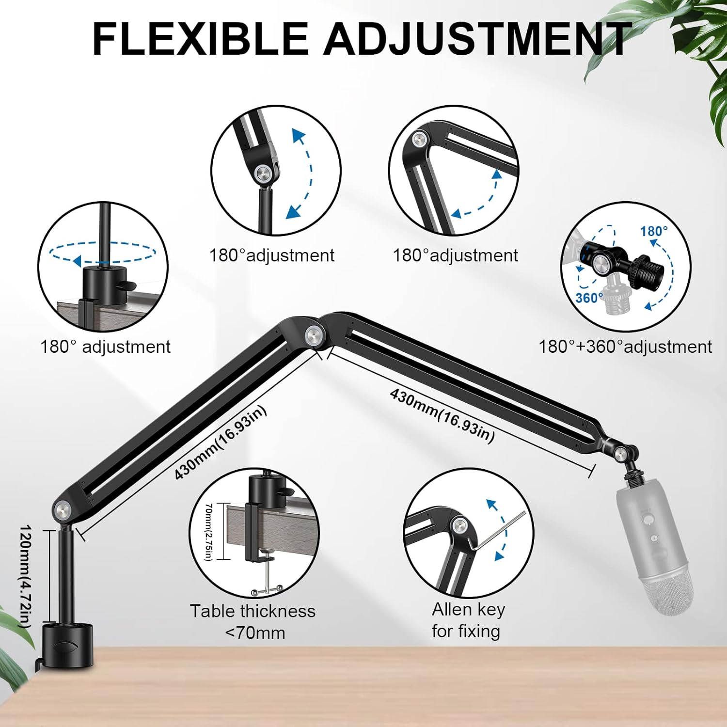 Brazo de micrófono, Aokeo AK-45 – Soporte de brazo de tijera de suspensión para micrófono compacto ajustable para Blue Yeti, Snowball iCE, HyperX
