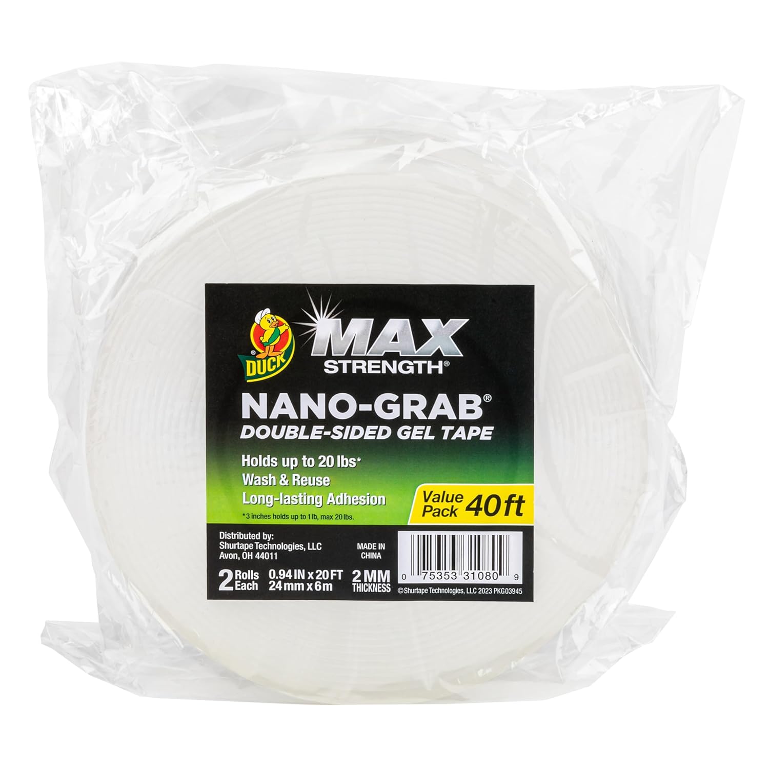 Duck Cinta de gel de doble cara Max Strength con tecnología Nano-Grap, adhesivo resistente, multiusos y extraíble, 0.94 pulgadas x 20 pies,