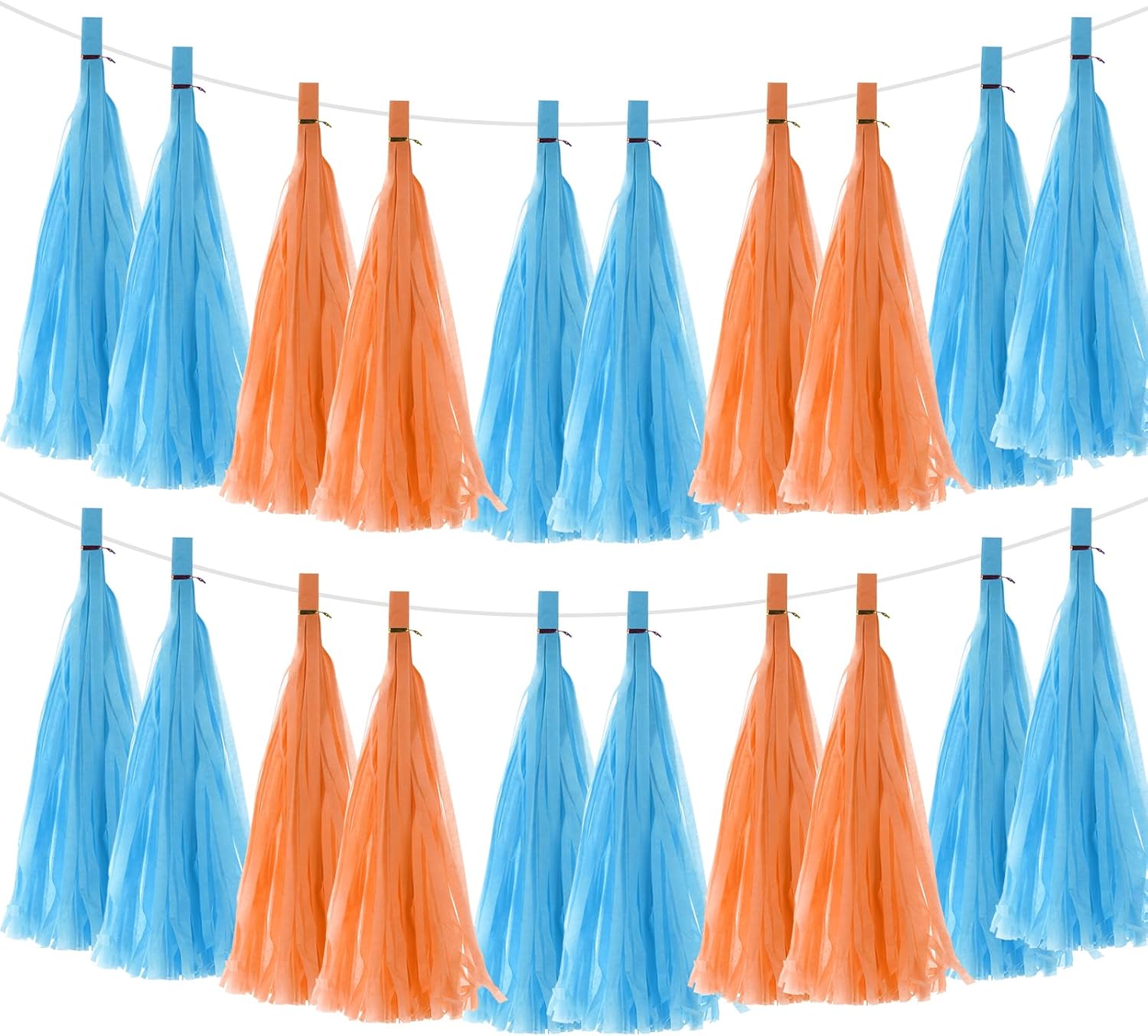 MECCANIXITY 20 guirnaldas de borlas azul oscuro y naranja con cuerda de papel de seda, borlas de fiesta, kits de bricolaje para decoración de bodas,