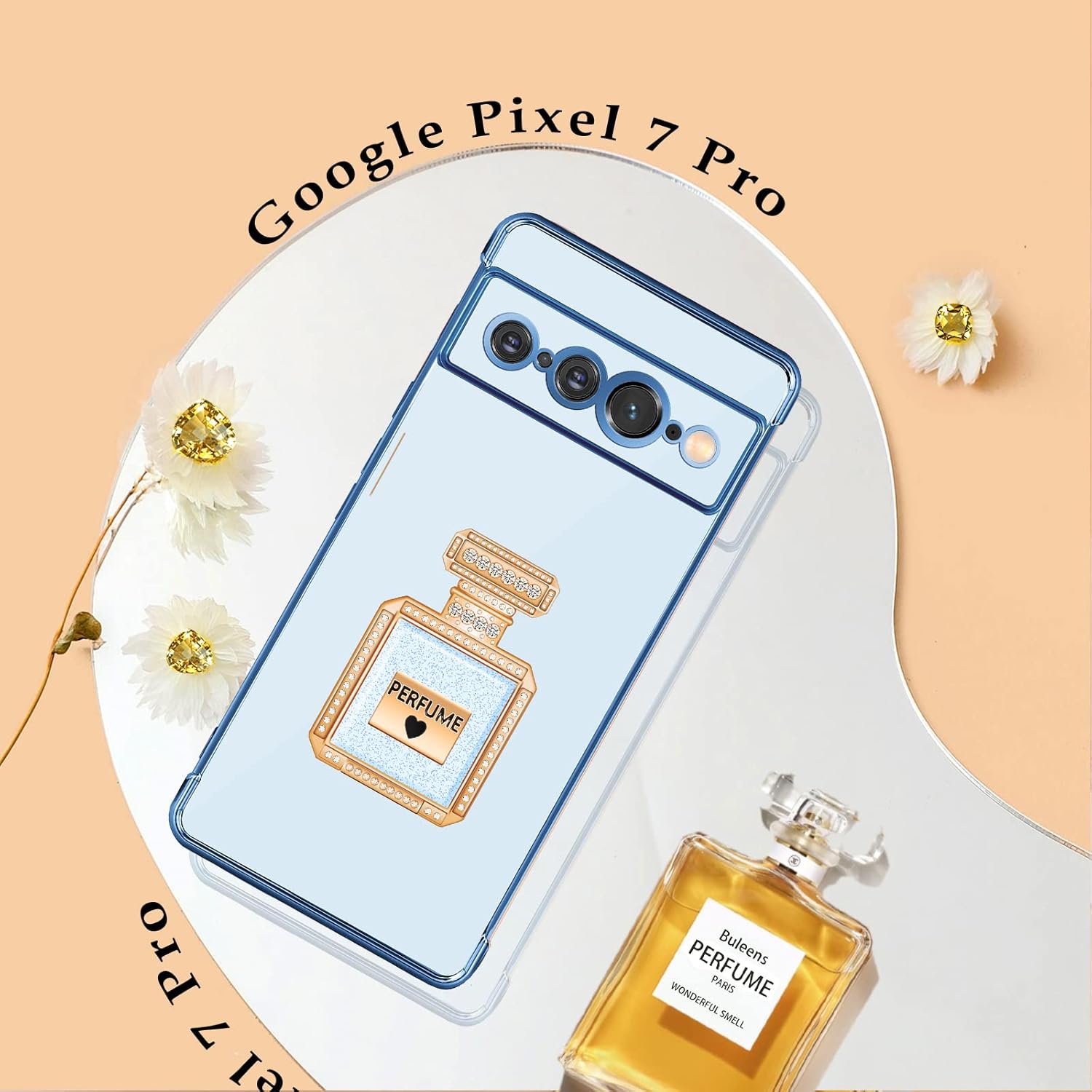Buleens Funda para Pixel 7 Pro con soporte de espejo de botella de perfume de metal, bonitas fundas de corazón femenino para Google Pixel 7 Pro,