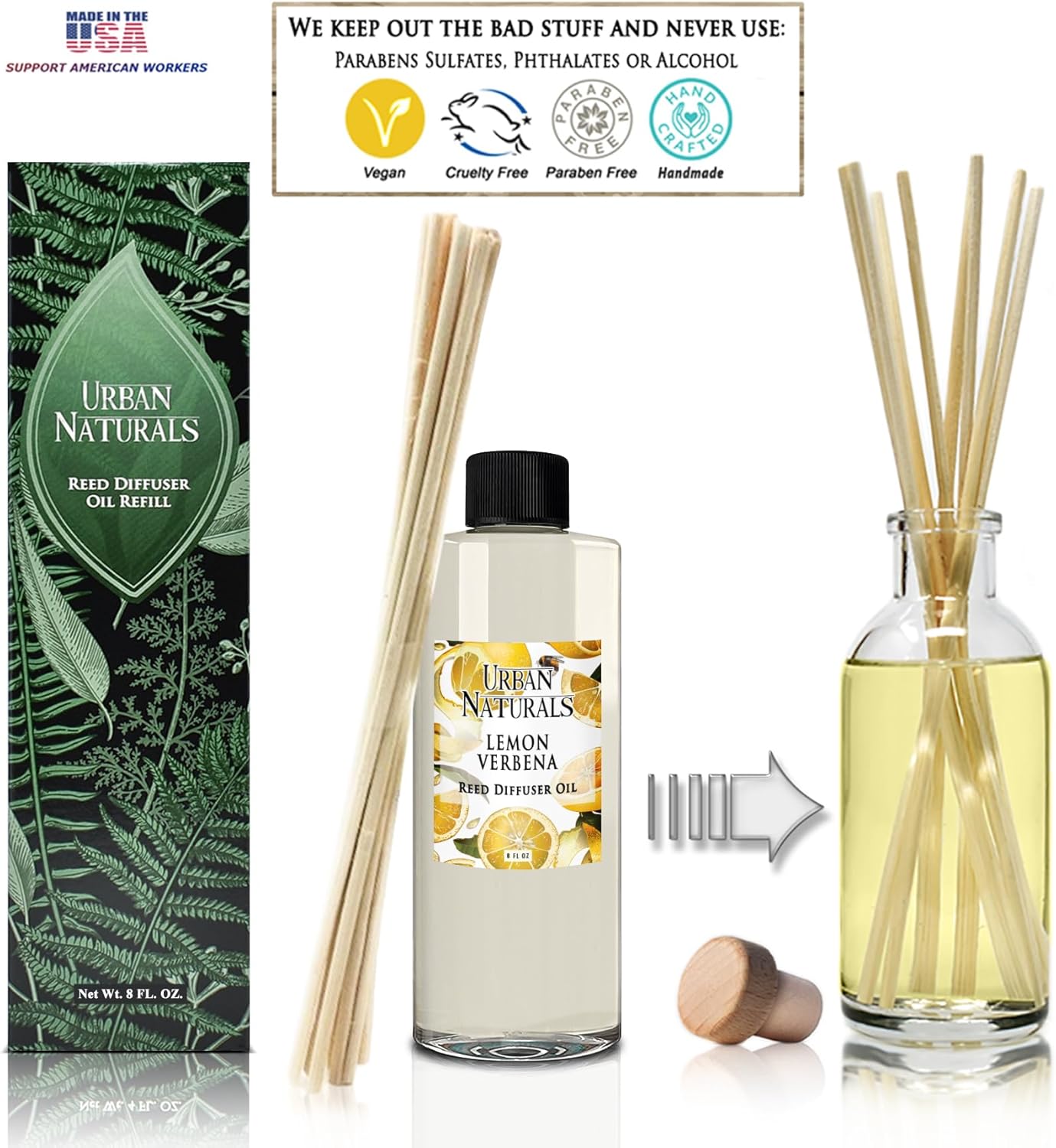 Urban Naturals Repuesto de difusor de varillas de aceite esencial de verbena de limón, tamaño grande de 8 onzas, incluye un juego gratis de varillas
