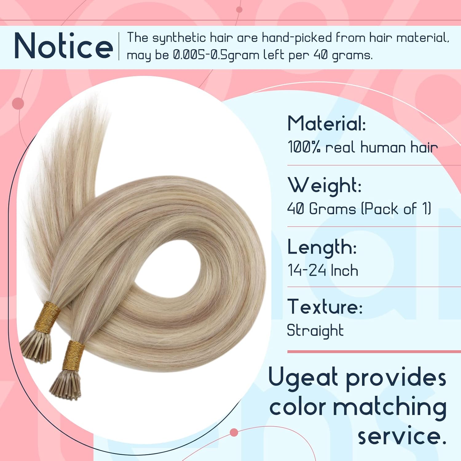 Ugeat I Tip – Extensiones de cabello humano con queratina de 18 pulgadas, extensiones de cabello humano #P1813 rubio ceniza con reflejos rubios