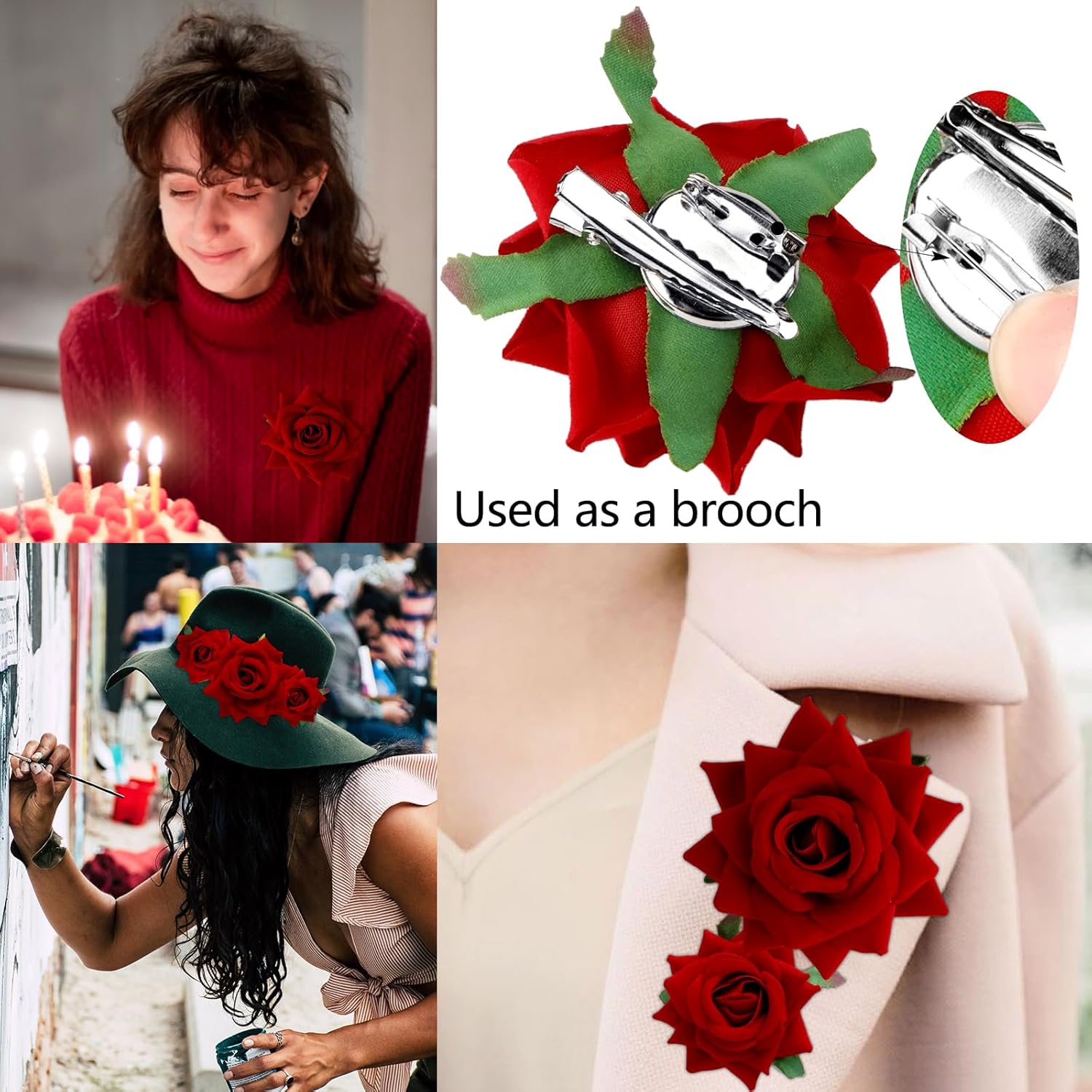 6 pinzas para el pelo de rosas rojas para mujeres y niñas, broches de flores, broches florales, pinzas de tela con rosas para el cabello, accesorios
