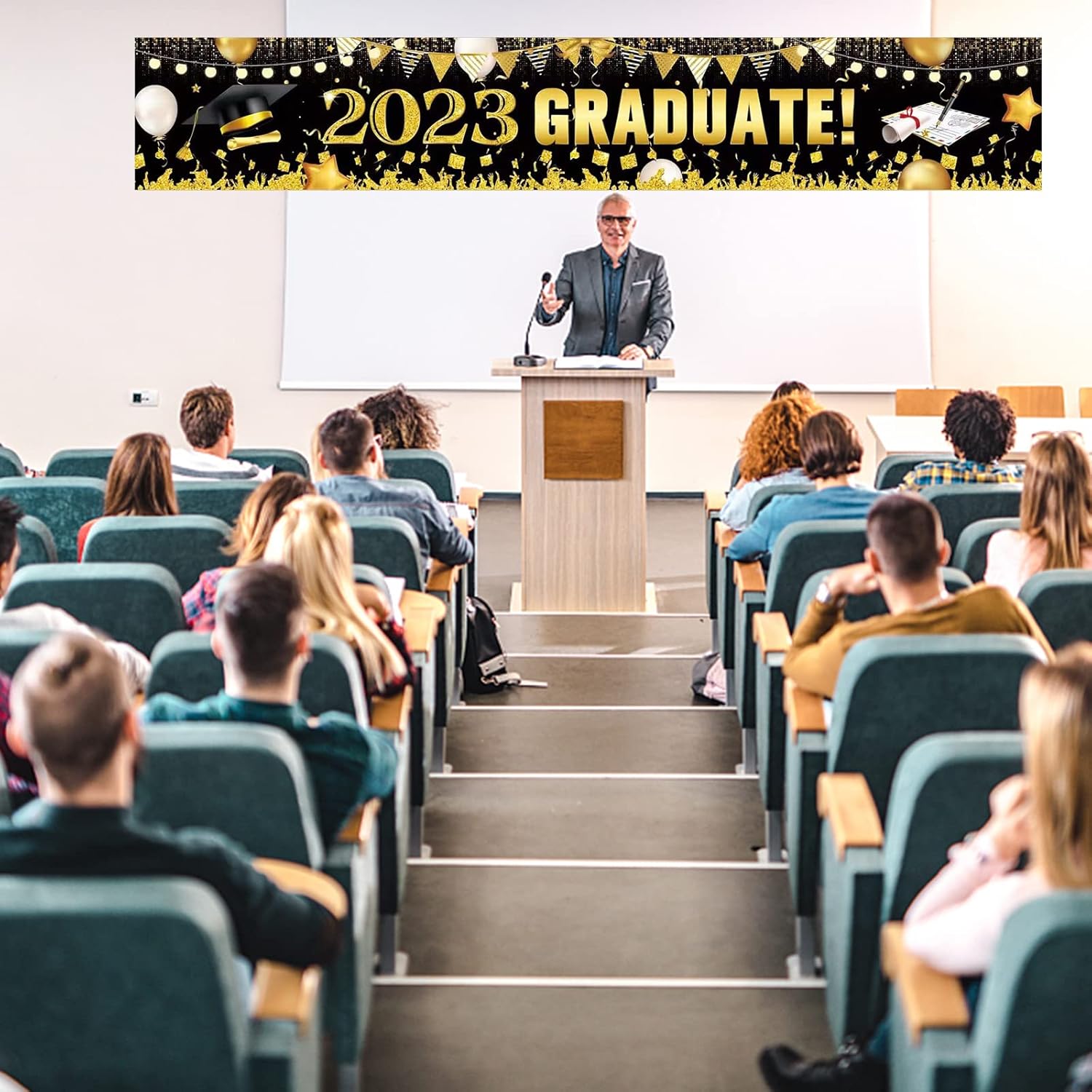 Cartel de graduación 2023, pancarta grande de felicitaciones graduadas negro dorado 2023, cartel de telón de fondo de graduación 2023 para