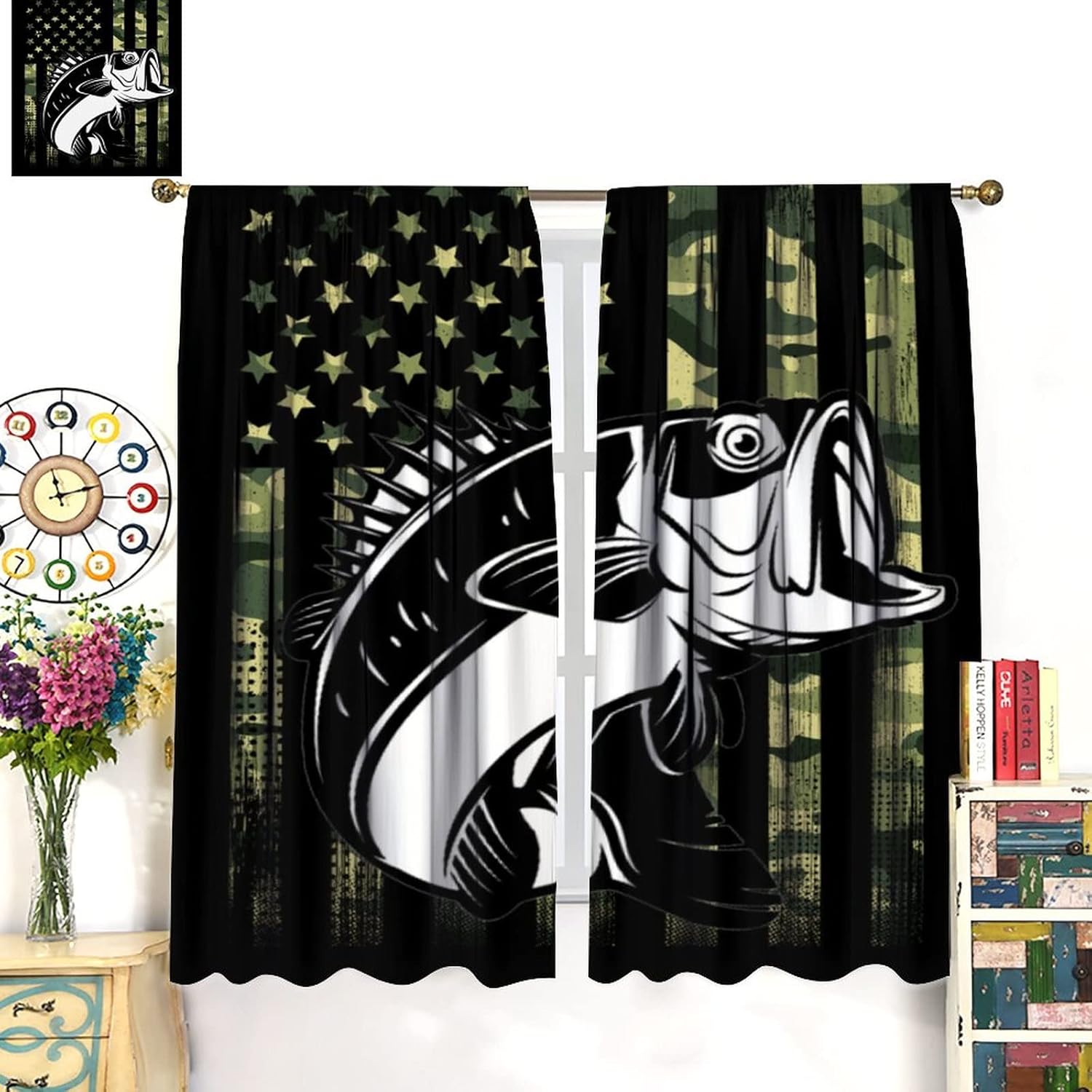 Cortinas de pesca con estampado de bandera de camuflaje verde, estampado de peces y lubina, cortina opaca para dormitorio, sala de estar, 2 grupos