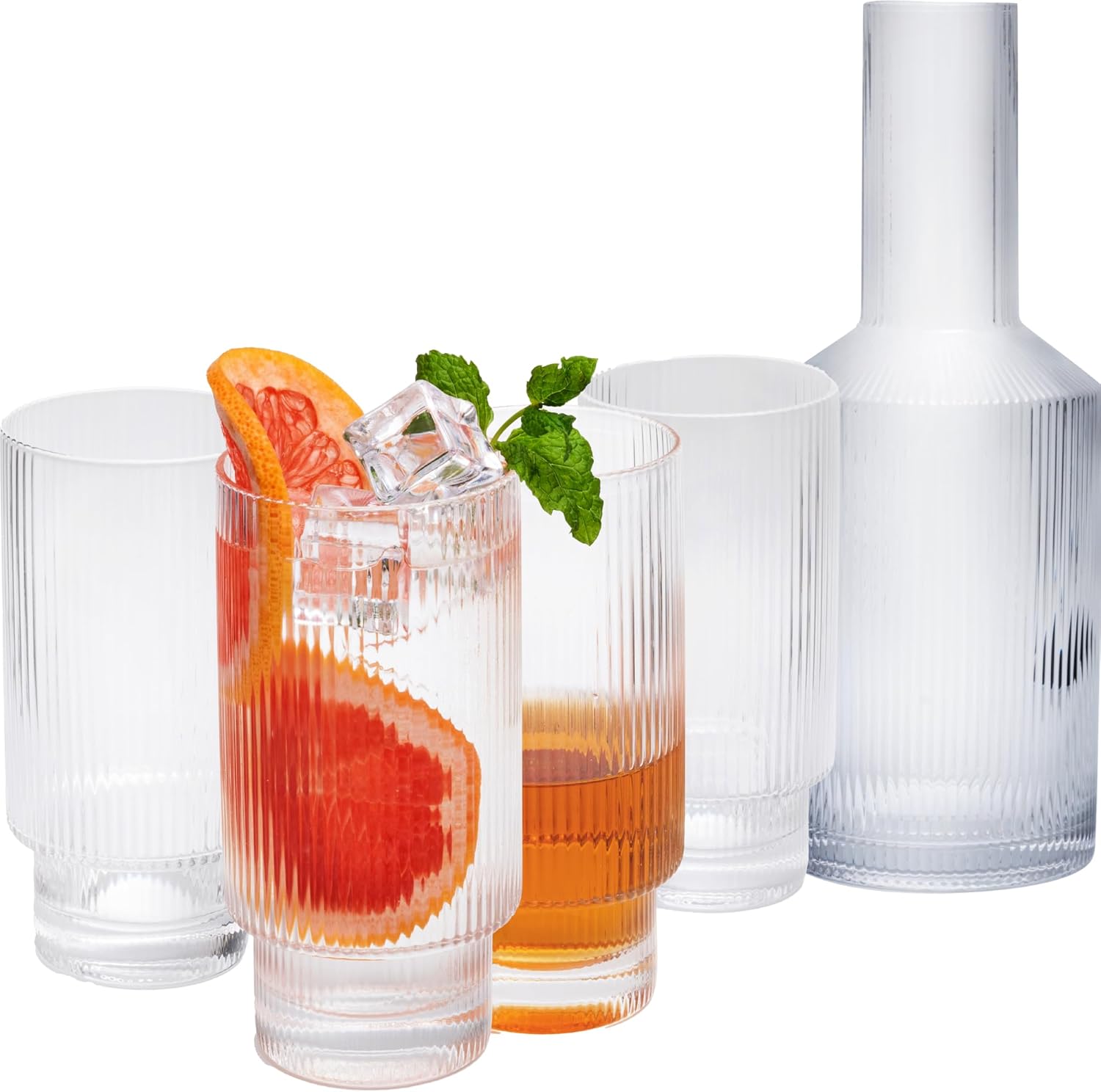 POWERLIX Juego de 4 vasos acanalados con jarra, juego de 4 vasos acanalados, cristalería acanalada vintage para cócteles, whisky, cerveza, batido,