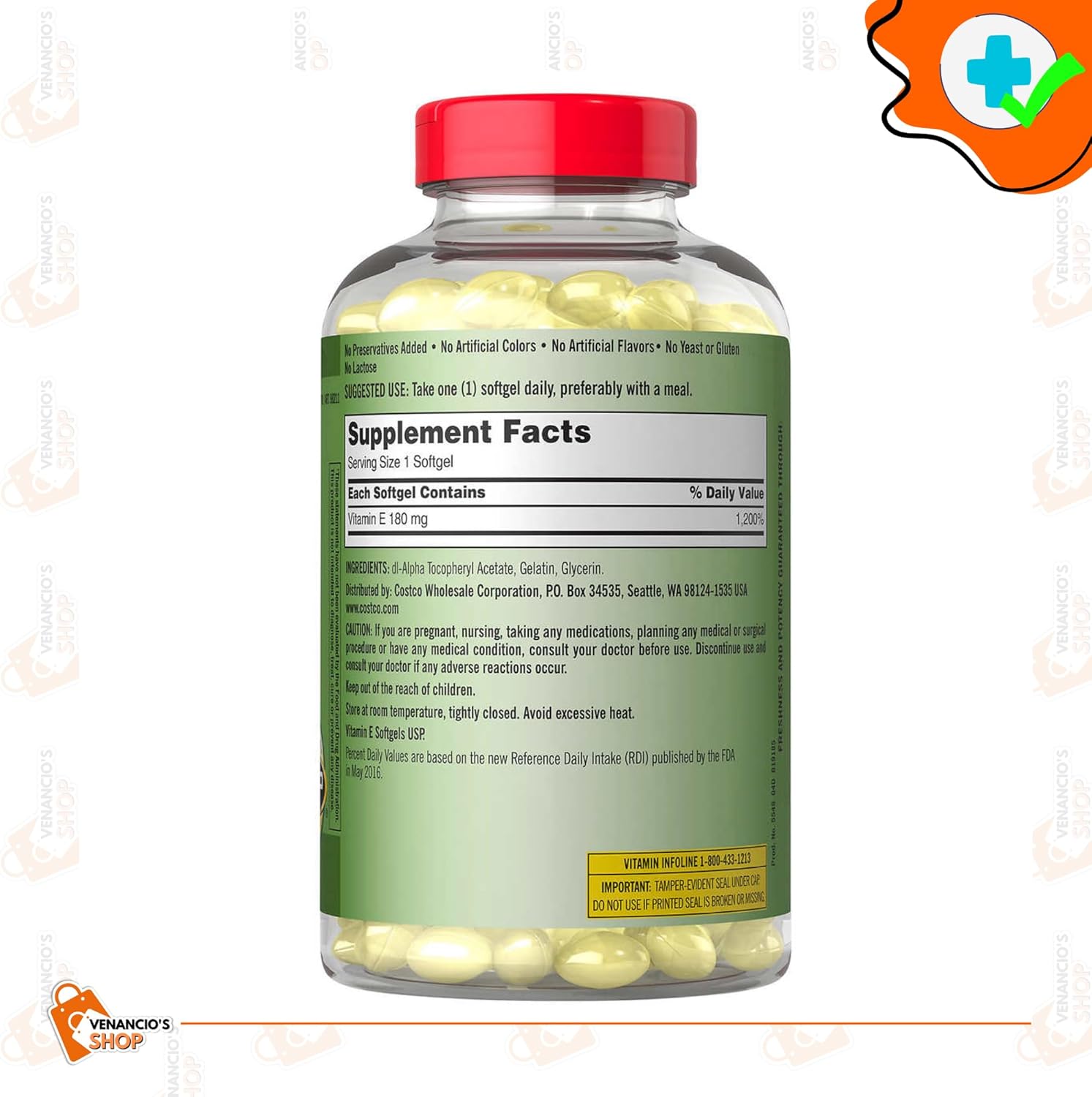 Kirkland Vitamina E 400 UI cápsulas blandas 500 unidades, VIT E 180mg para mujeres y hombres + incluye adhesivo Venancio’sBox (paquete de 1)