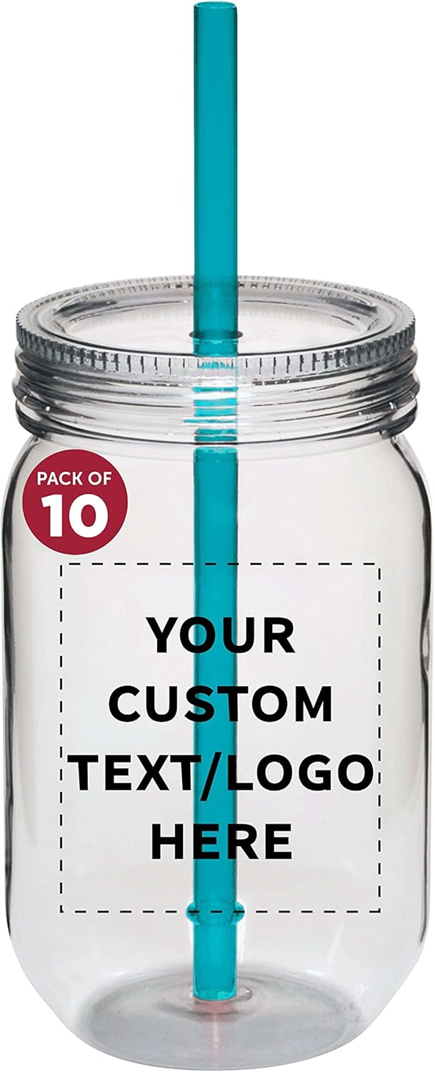 DISCOUNT PROMOS Juego de 10 tarros de plástico personalizados con pajilla, 24 onzas, paquete a granel personalizado  Tarros para avena durante la