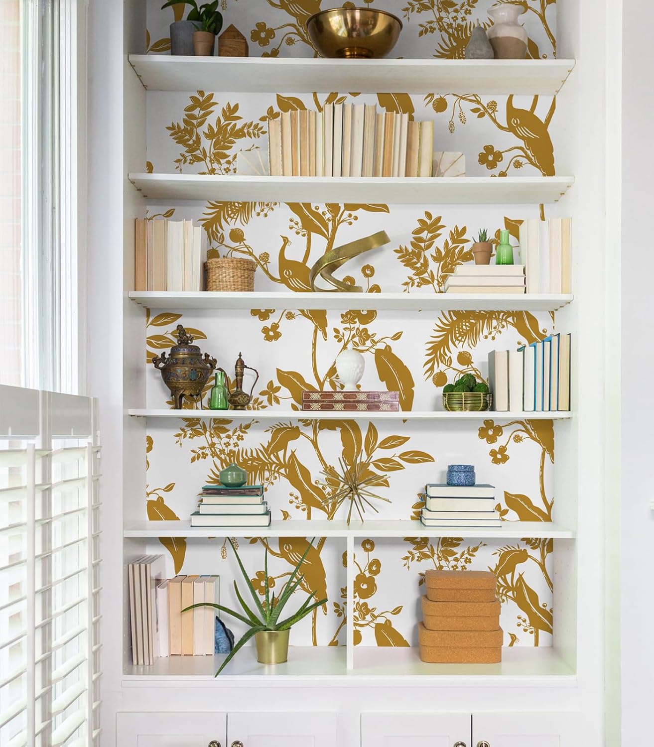 GloryTik Papel tapiz dorado floral de 17.3 x 197 pulgadas, papel tapiz autoadhesivo con diseño floral dorado y blanco, extraíble, impermeable, para