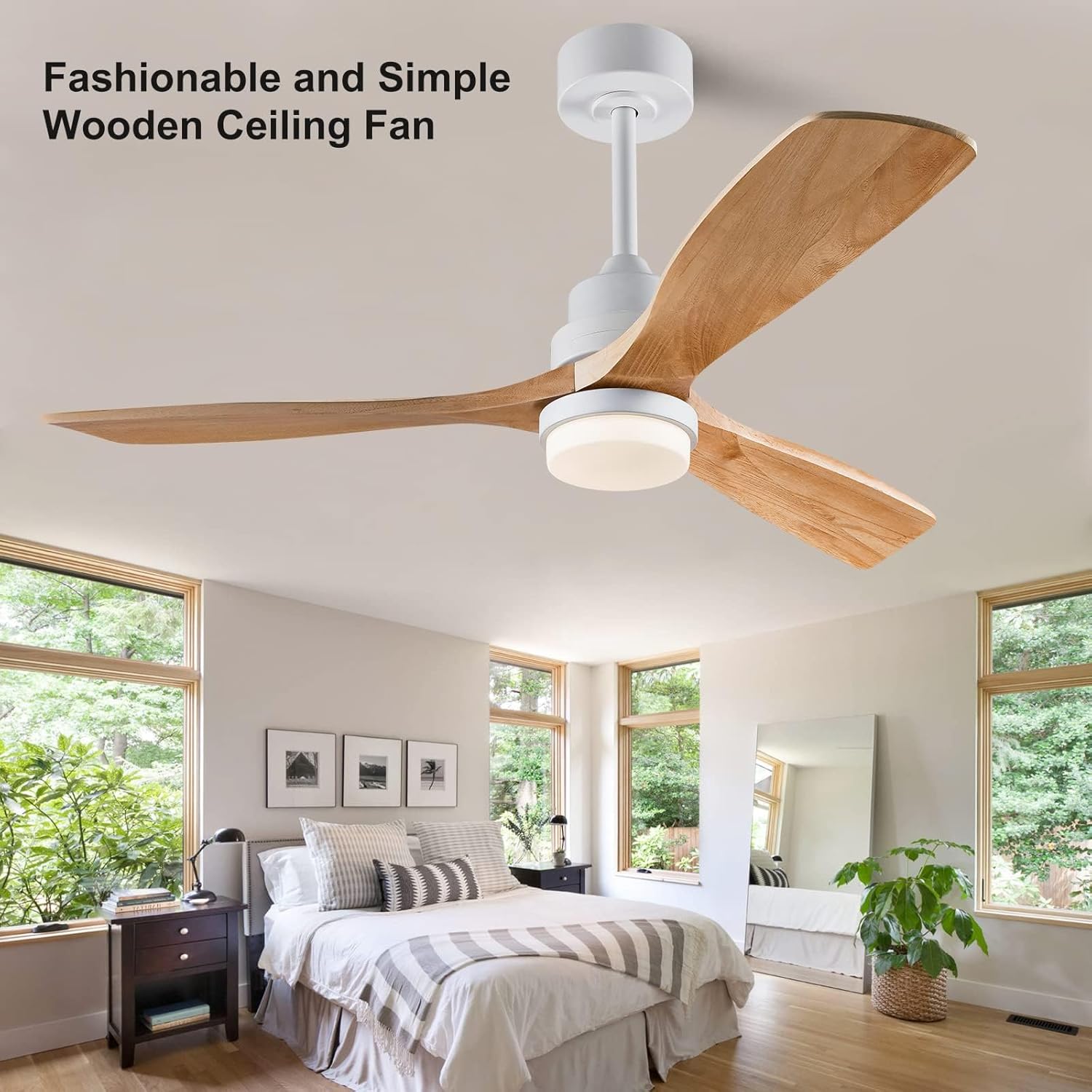 XBIBI Ventiladores de techo de 52 pulgadas con control remoto de luz, ventiladores de techo de madera con 3 aspas y barra inferior, motor de CC de 6
