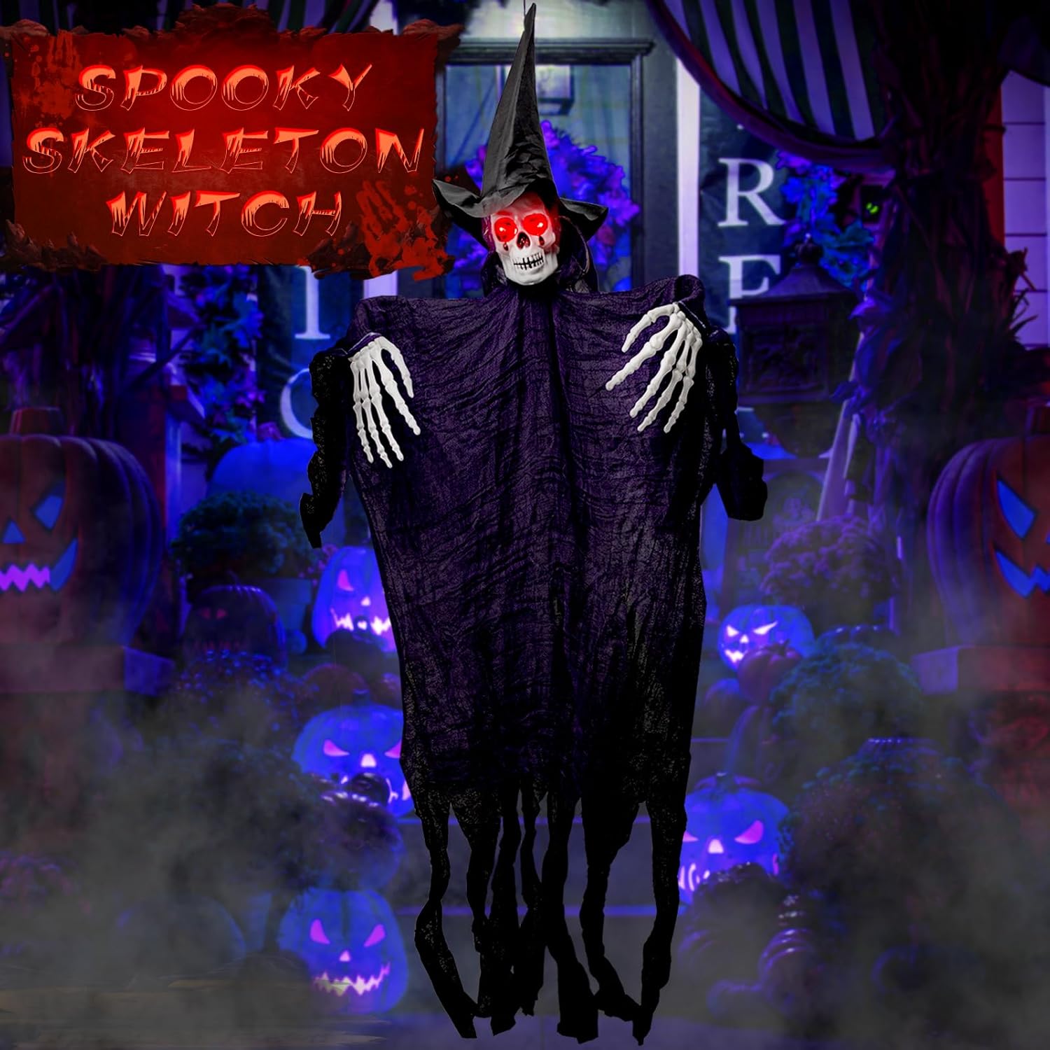 Decoración de Halloween, fantasma de esqueleto de bruja colgante, 41.3 pulgadas con ojos brillantes, decoraciones de Halloween para exteriores,