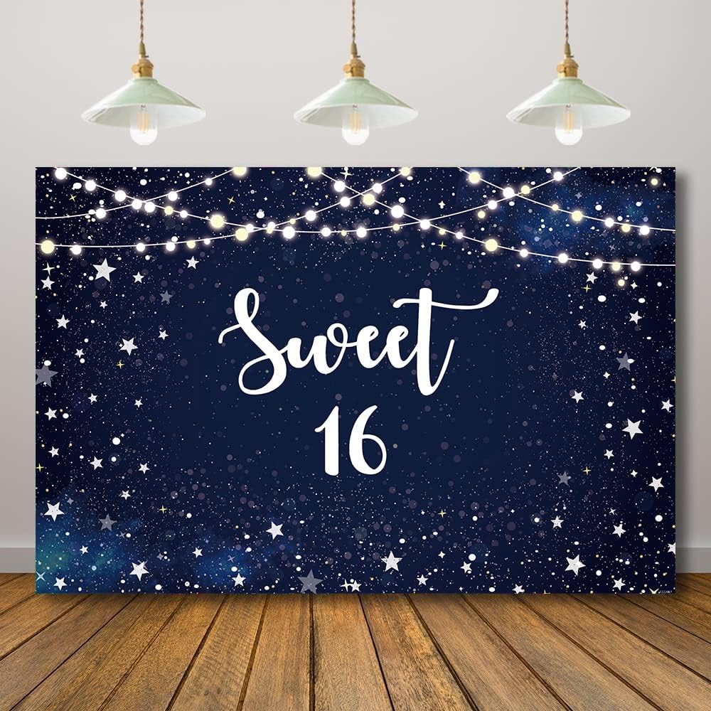 Telón de fondo de noche estrellada dulce 16, estrellas blancas, cielo nocturno, decoración de fiesta de cumpleaños número 16, fondo de galaxia,
