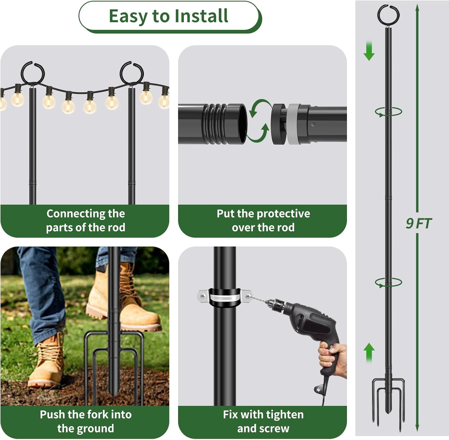 Postes de luz de cadena  Paquete de 2 postes de 9 pies para tira de luces al aire libre, postes de luz de patio para exterior, postes de luz para