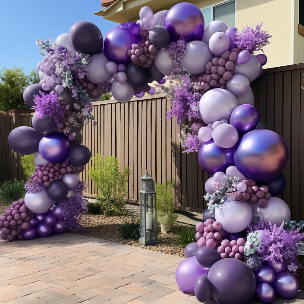 Guirnalda de globos morados, lavanda, globos de doble relleno, color lila pastel, kit de arco de globos de látex metálico morado oscuro, juego de