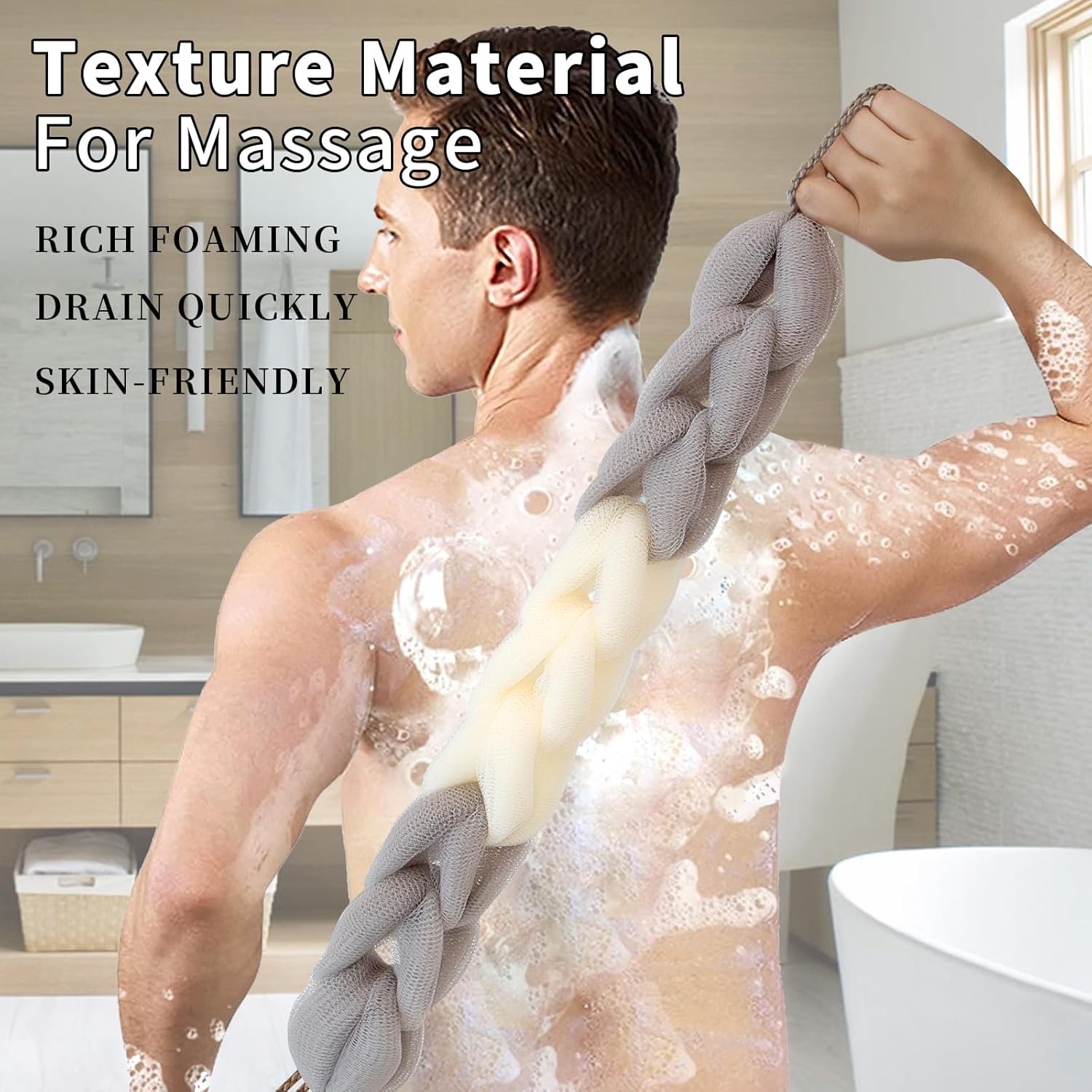 Esponja de ducha de lufa de baño de malla suave con esponja de baño larga para hombres y mujeres, exfoliante de ducha