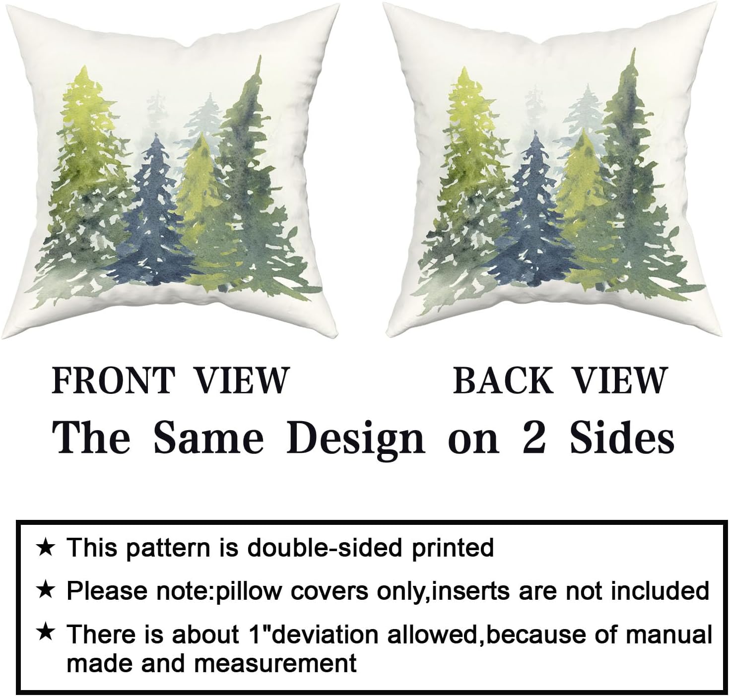 Juego de 4 fundas de almohada con diseño de árbol de Navidad en acuarela, rústico, naturaleza, bosque, azul y verde, decoración de pino, primavera,