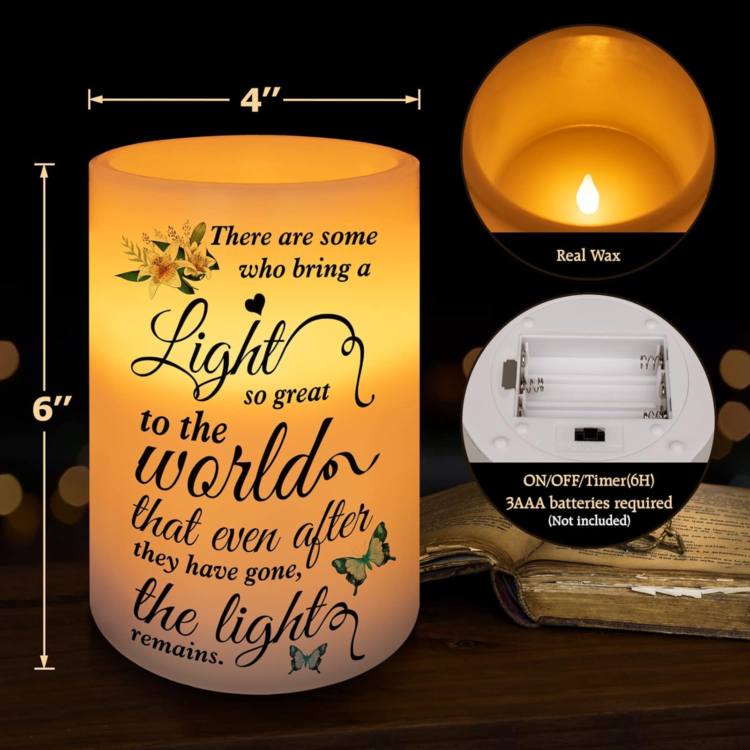 Vela conmemorativa sin llama, luz LED de cera real con temporizador, regalo de condolencia, regalos de duelo por la pérdida de un ser querido,