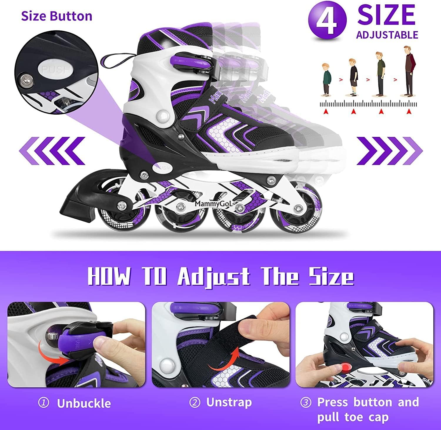 MammyGol Patines en línea para niñas y niños con ruedas iluminadas completas, cuchillas ajustables para principiantes para niños y jóvenes