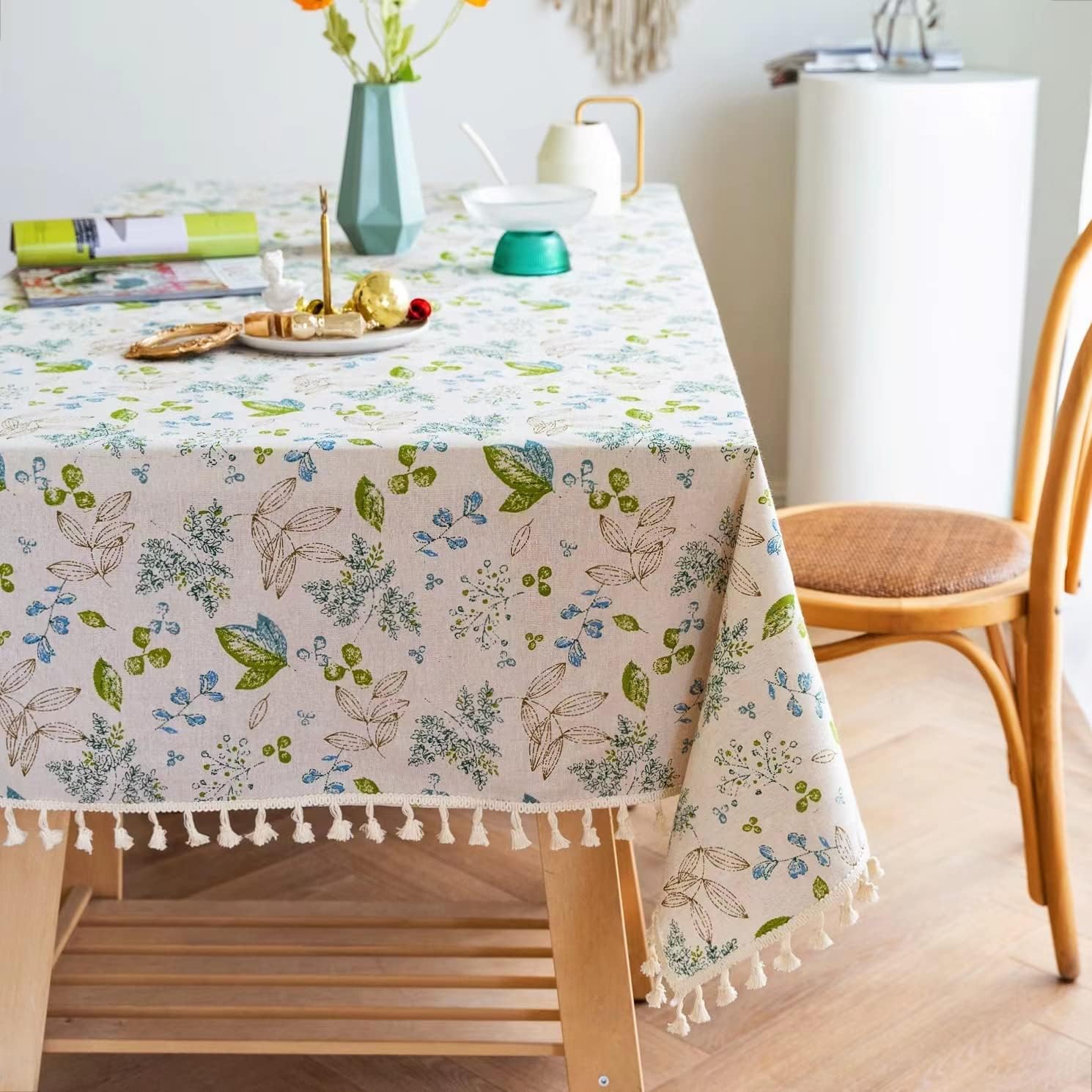 YUURAIN VUVU – Elegante tela de lino de algodón con diseño floral, mantel rectangular con borlas y costuras para cocina, comedor, mesa, decoración,