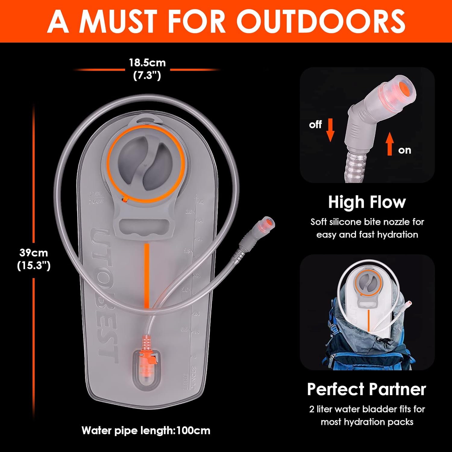 UTOBEST Water Bladder,Hydration Bladder 2L 3L,TPU BPA Free Leak-Proof Water Bladder for Hiking Backpack,Water Reservoir Wide Opening for Running