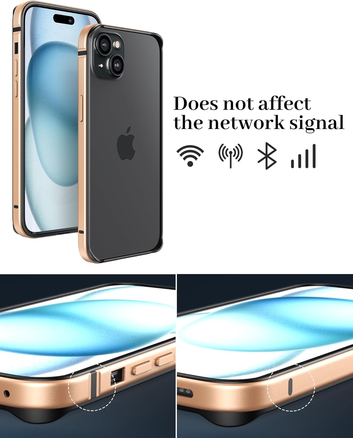 Funda delgada de metal para iPhone 15, interior de TPU suave + parachoques chapado en metal compatible con carga inalámbrica a prueba de golpes con