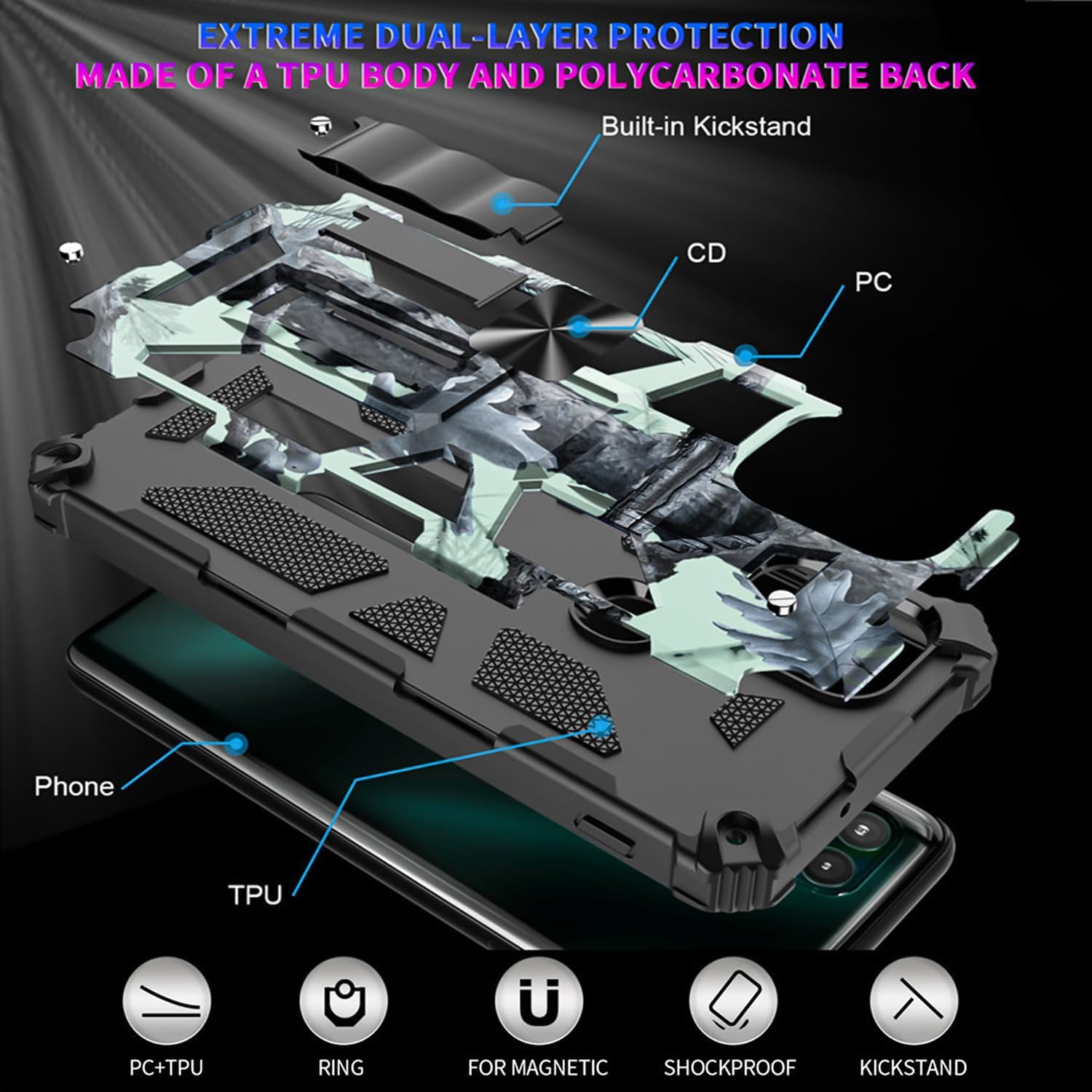 Funda para Motorola G 5G 2023, con 2 protectores de pantalla de vidrio templado, grado militar, soporte con soporte magnético para automóvil, funda