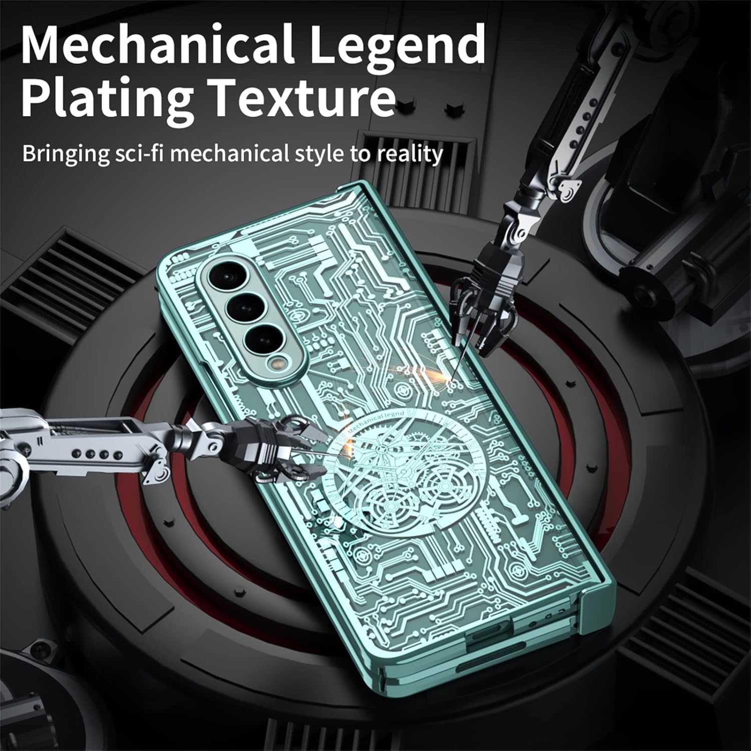 Funda para Samsung Galaxy Z Fold 4 5G, patrón de engranaje mecánico, protección de bisagra, cubierta de policarbonato chapado transparente con