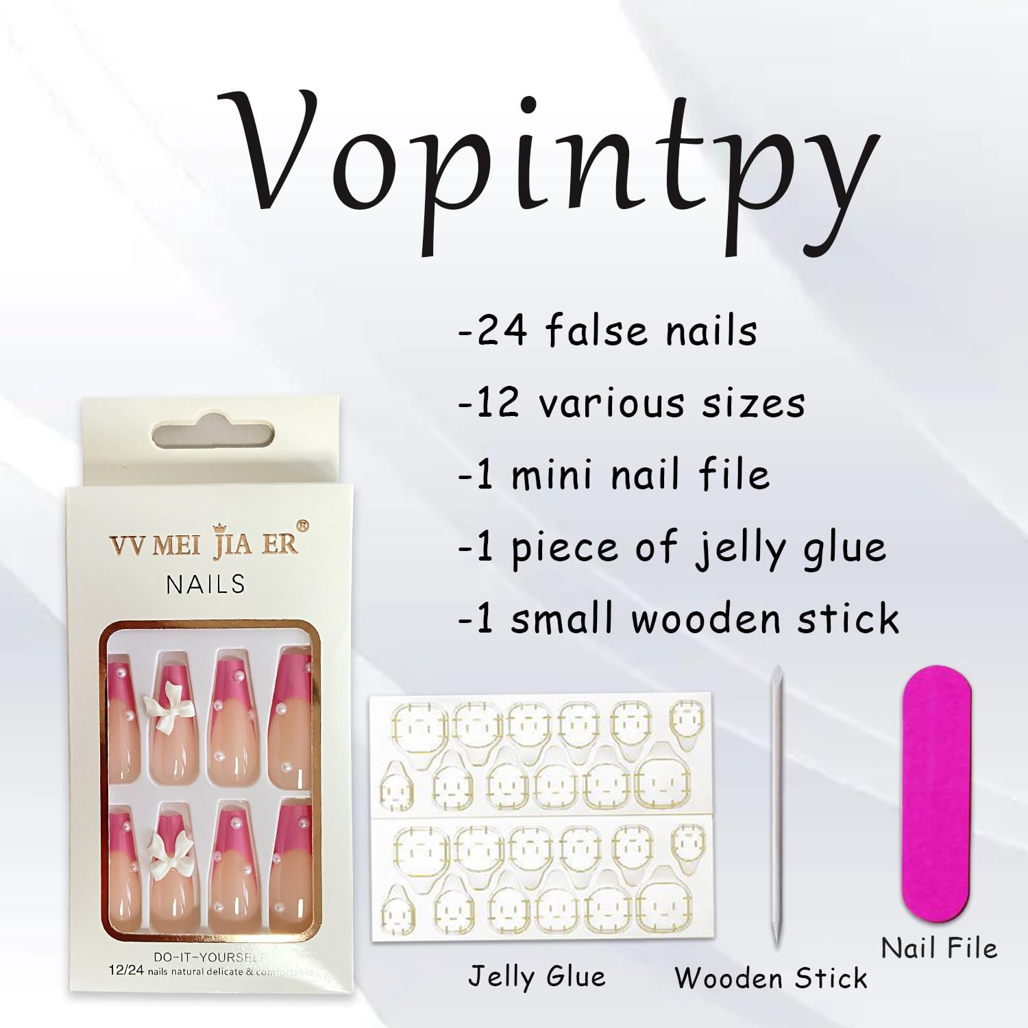 Uñas postizas a presión con punta francesa color rosa, uñas largas de bailarina, con lazo de mariposa blanca, con diseño de perlas, brillantes,
