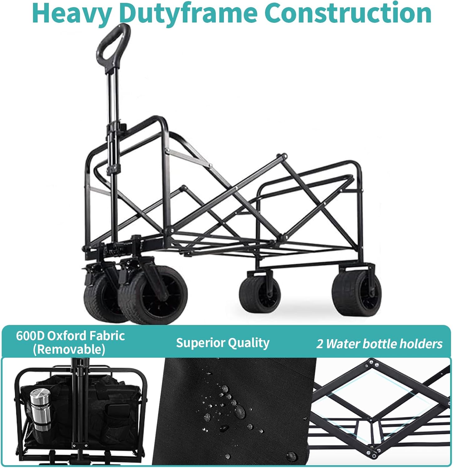 QivvMivo Carro plegable plegable de 330 libras, carrito de playa resistente para arena con ruedas grandes, mango ajustable y soportes para bebidas