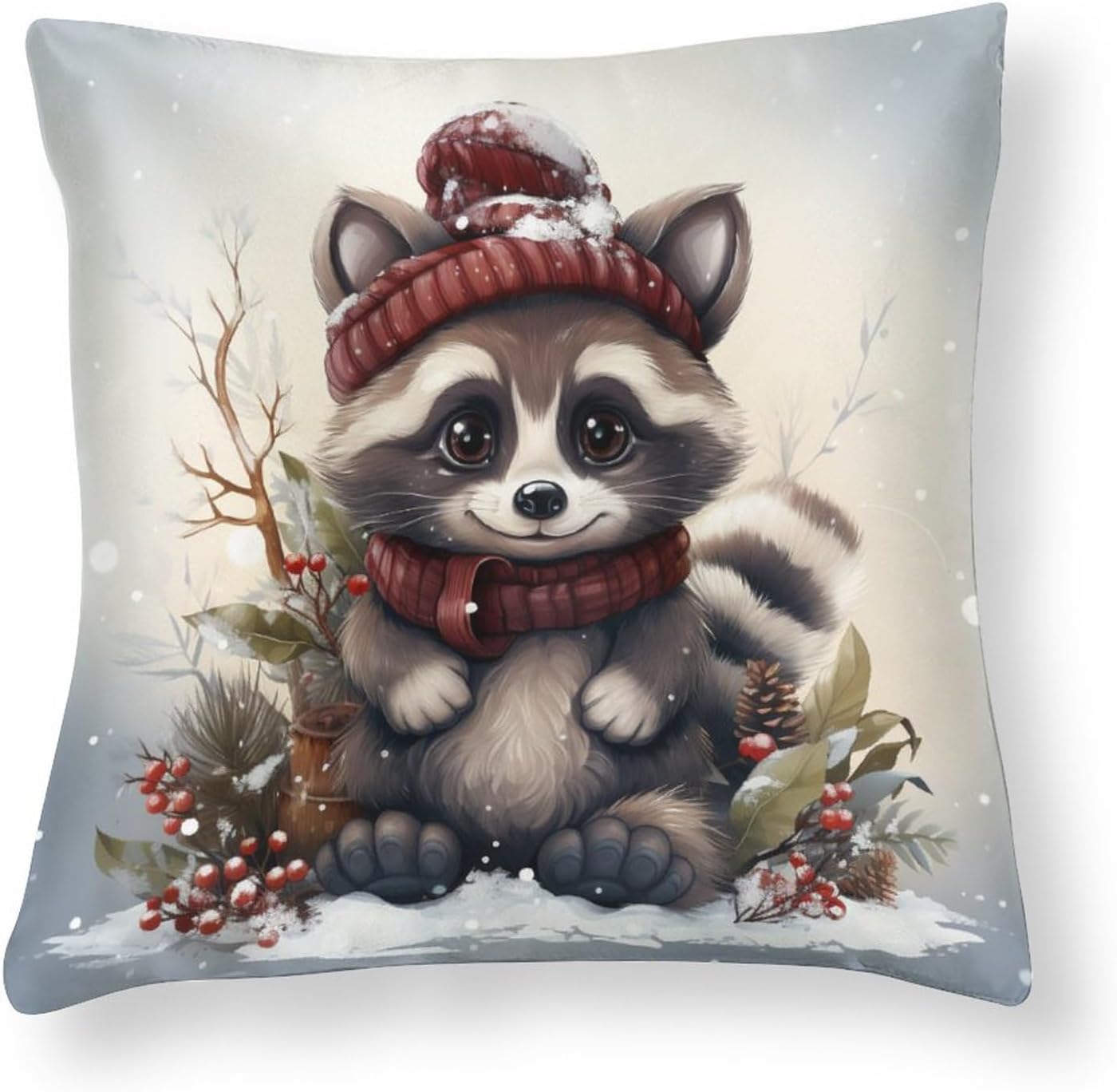 Fundas de almohada de satén con diseño de mapache de dibujos animados, Navidad, nieve, invierno, funda de almohada cuadrada de bosque natural con