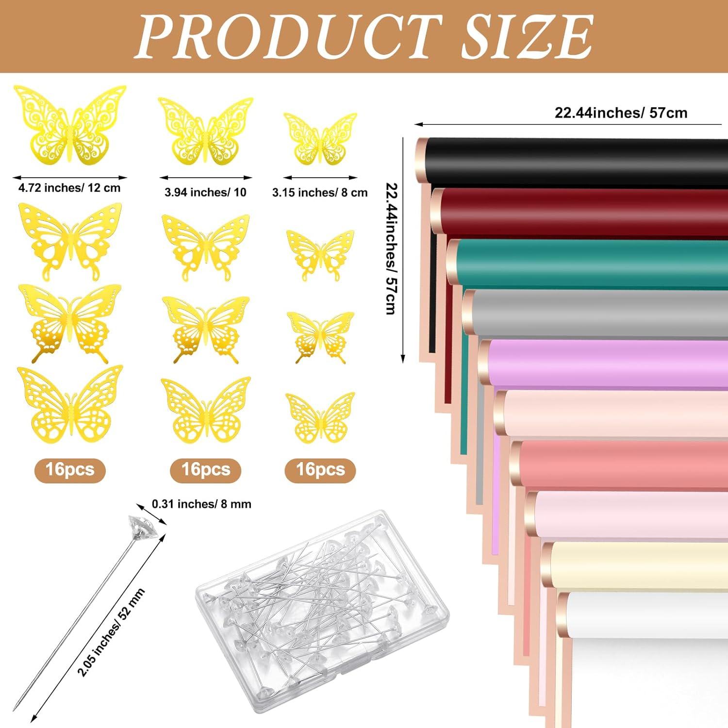 Fulmoon 20 hojas de papel de regalo de flores con 48 piezas de decoraciones de mariposa dorada 3D, 100 pines de ramillete para manualidades,
