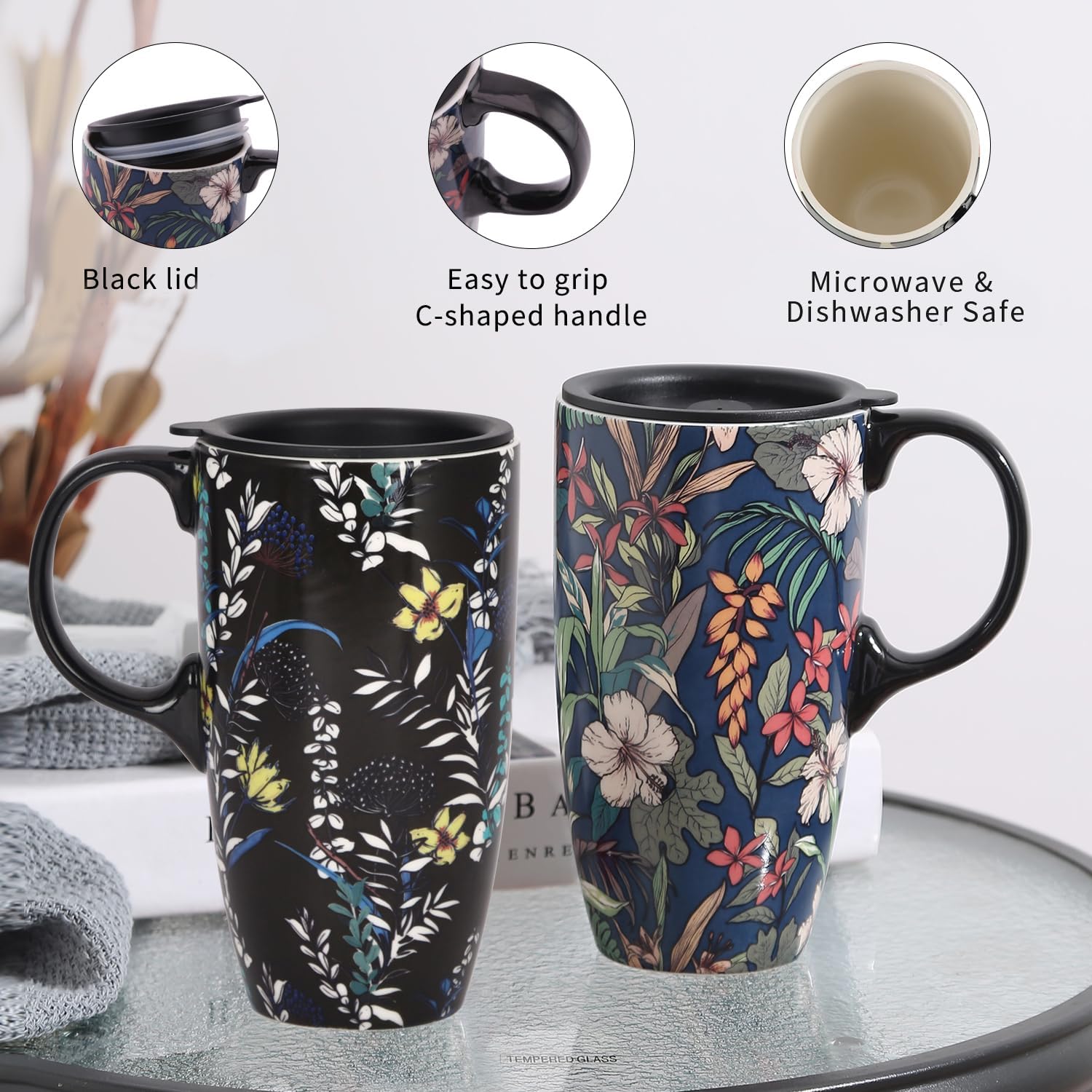 TZSSP Taza de cerámica para café, taza de té de porcelana con tapa, 17 onzas, 2 unidades, azul y negro