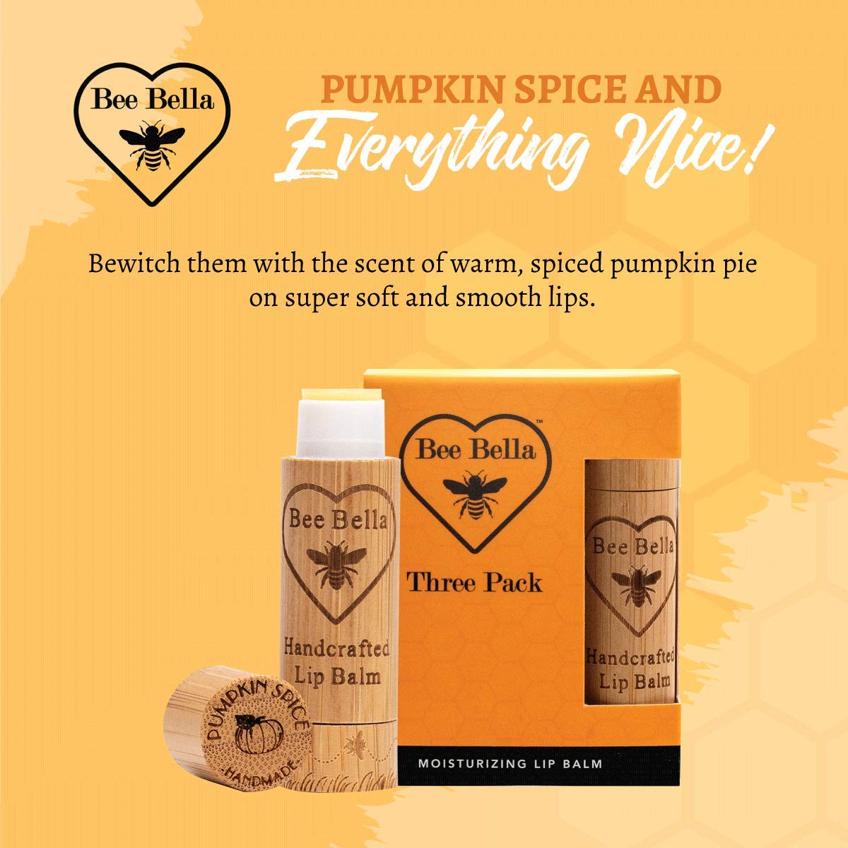 Bee Bella Bálsamo labial de especias de calabaza (paquete de 3) con cera de abejas, aceite de coco, aceite de jojoba, aceite de vitamina E, aceite