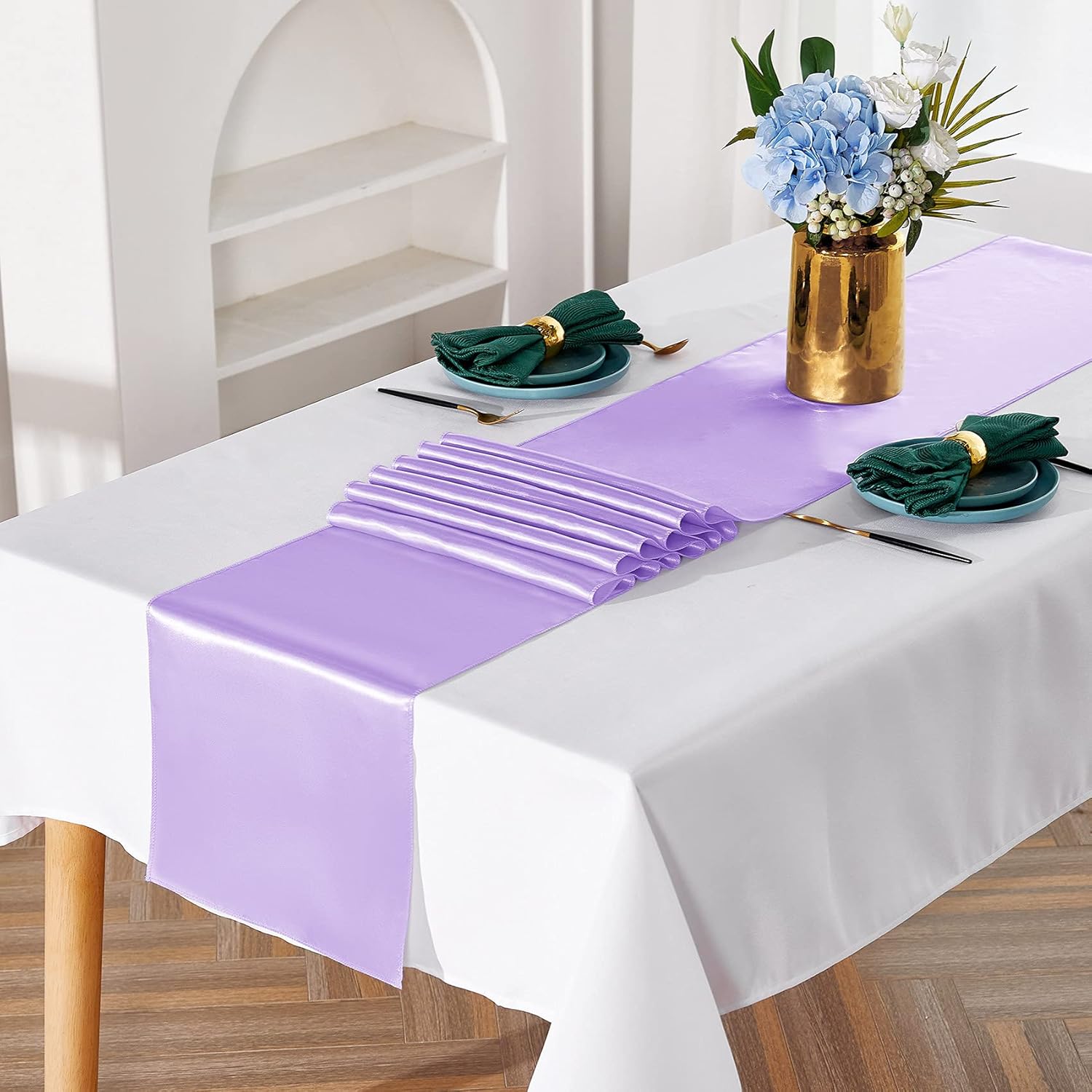 YUHX Paquete de 20 caminos de mesa satinados de 12 x 108 pulgadas de largo, color lavanda para bodas, fiestas de cumpleaños, decoraciones de