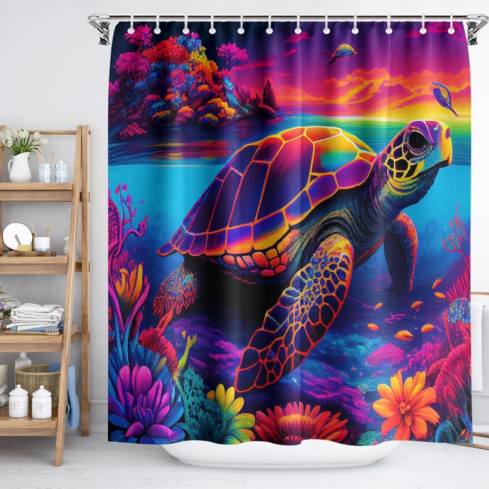 Juego de cortinas de ducha de tela con temática náutica de tortugas marinas y océano, decoración de baño con ojales y ganchos, 72 x 72 pulgadas