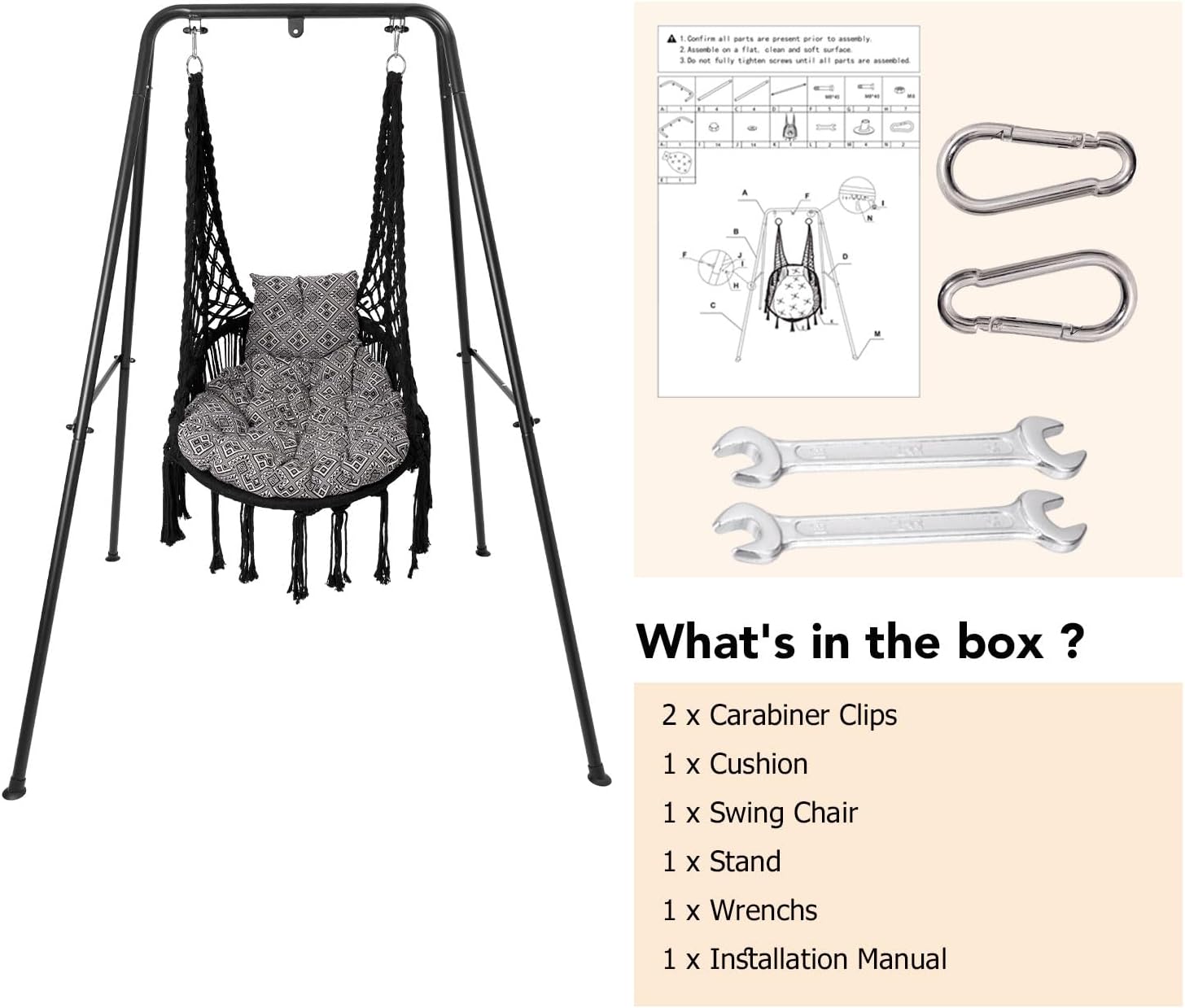 Lazy Daze Hammocks Silla columpio con soporte, silla colgante de macramé con cojín, soporte de hamaca de acero resistente, columpio colgante bohemio