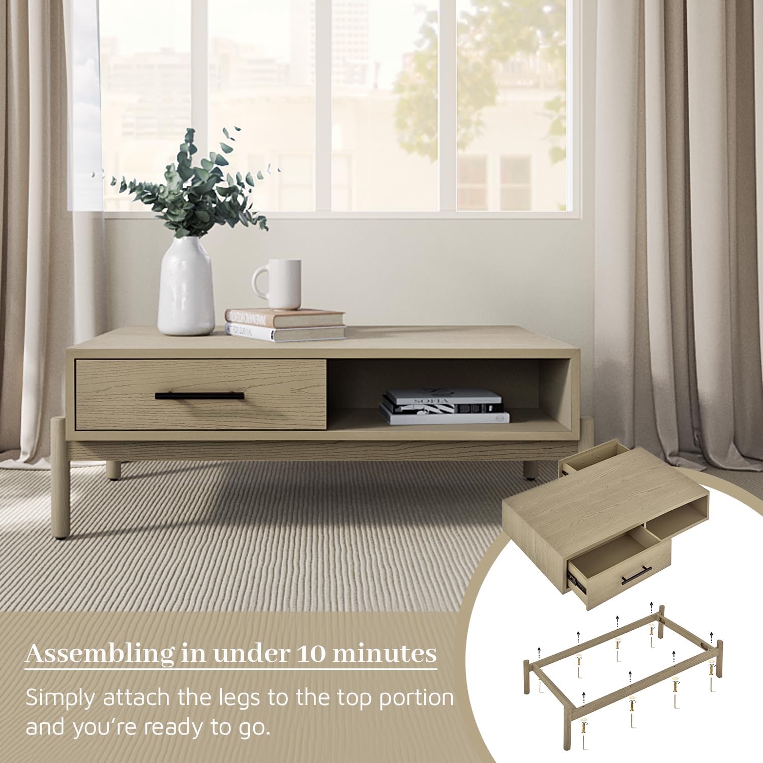 Bme Lyra – Mesa auxiliar rectangular de madera maciza para sala de estar, mesa central moderna de mediados de siglo con almacenamiento, fácil