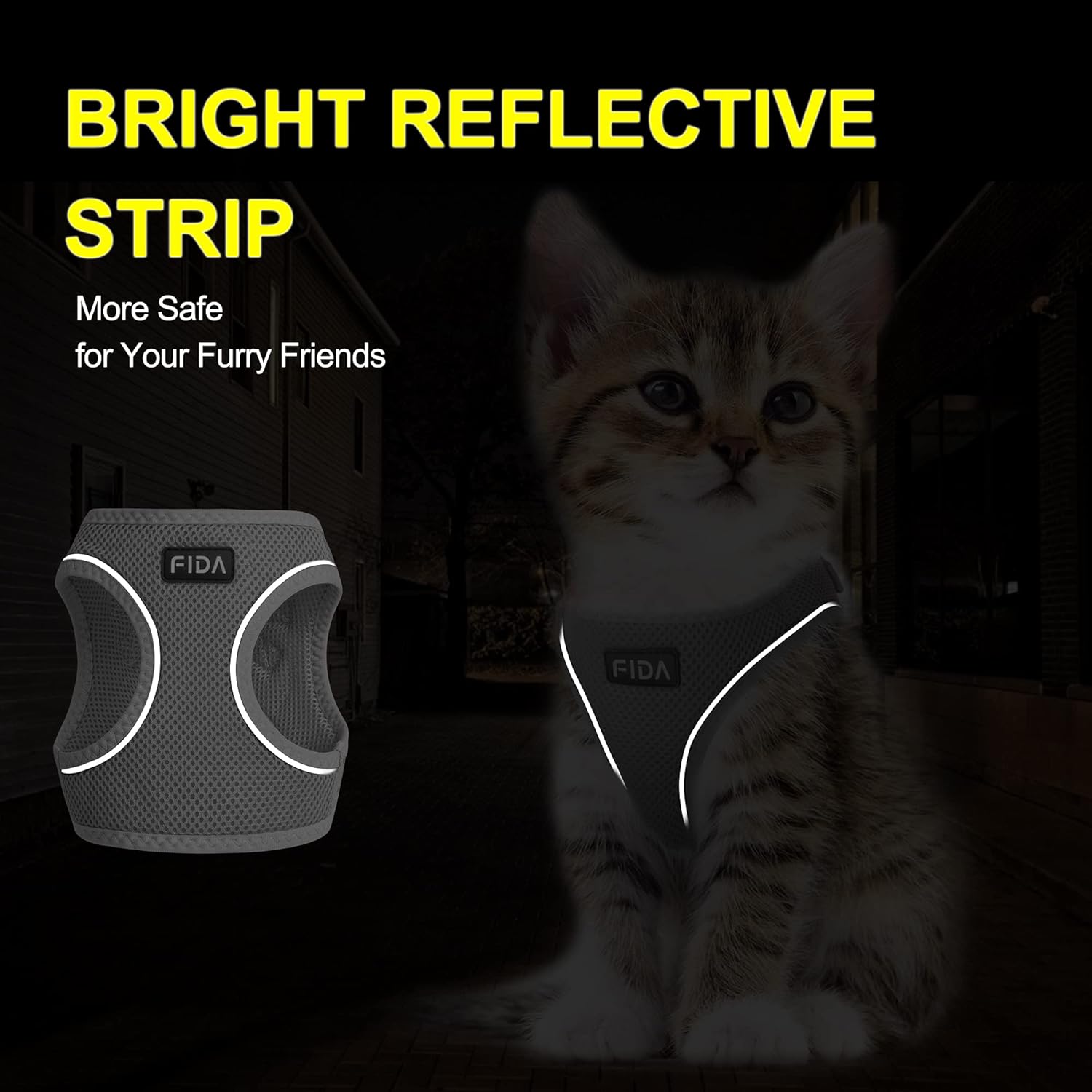 Fida Juego de arnés y correa para gato para gatito y cachorro, arnés a prueba de escapes con malla suave y transpirable, diseño reflectante