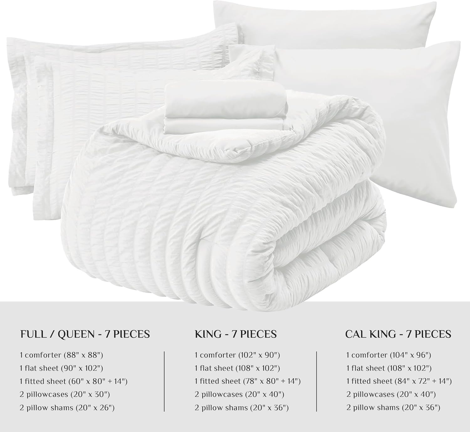 JOLLYVOGUE Juego de edredón de sirsaca blanco tamaño King, cama de 7 piezas en una bolsa, edredón de lujo suave para todas las estaciones, juego de